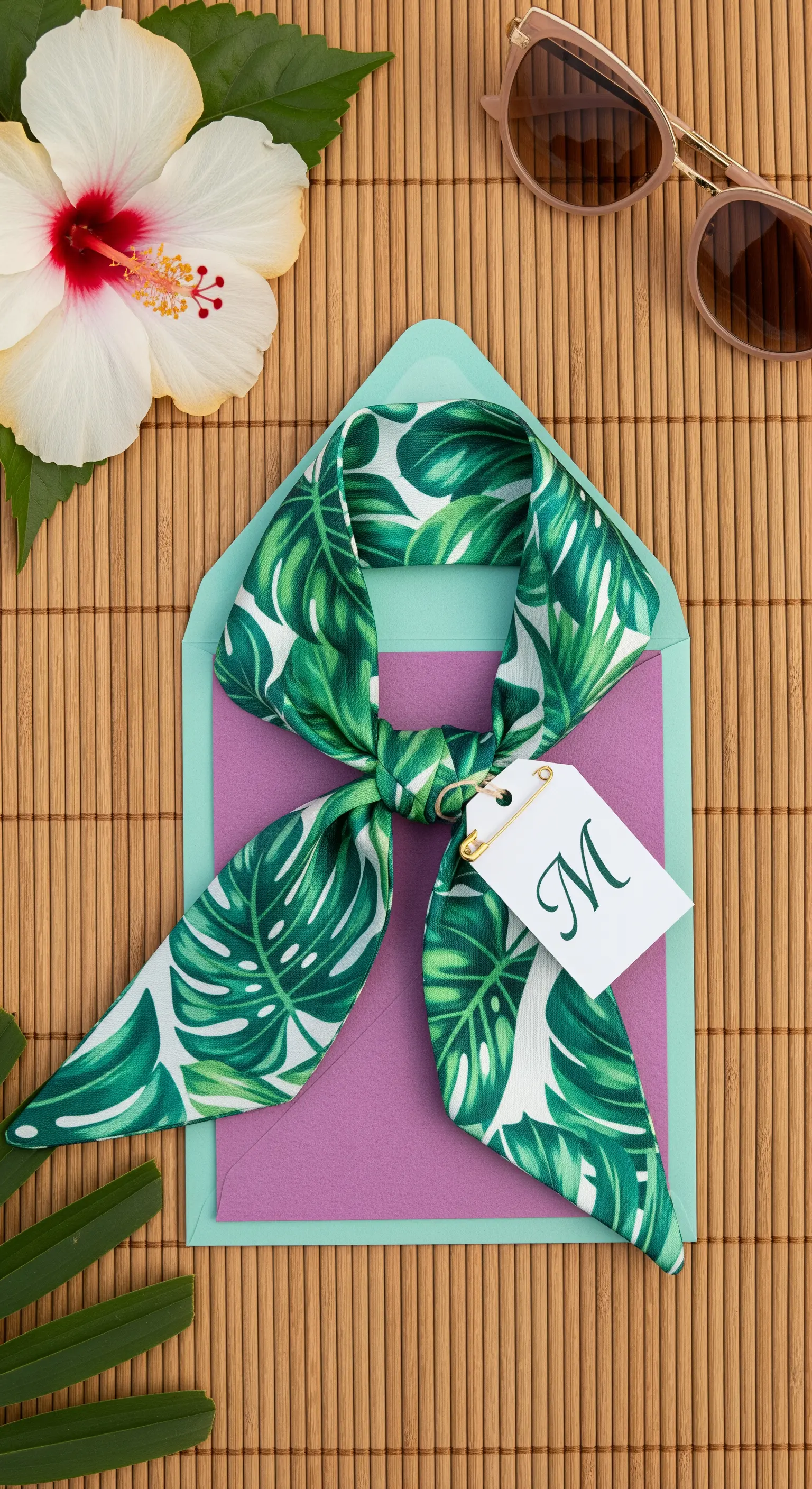 Foulard con stampa di foglie tropicali legato e presentato con un'etichetta personalizzata.
