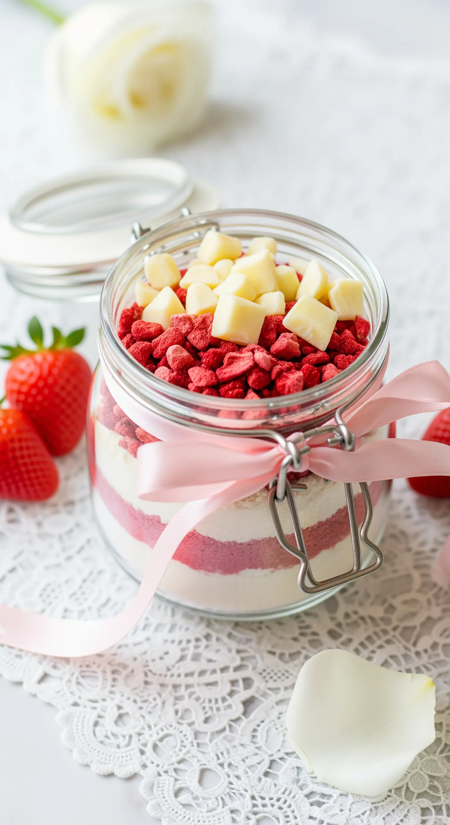Preparato per torta alla fragola in un barattolo di vetro con nastro di raso rosa.