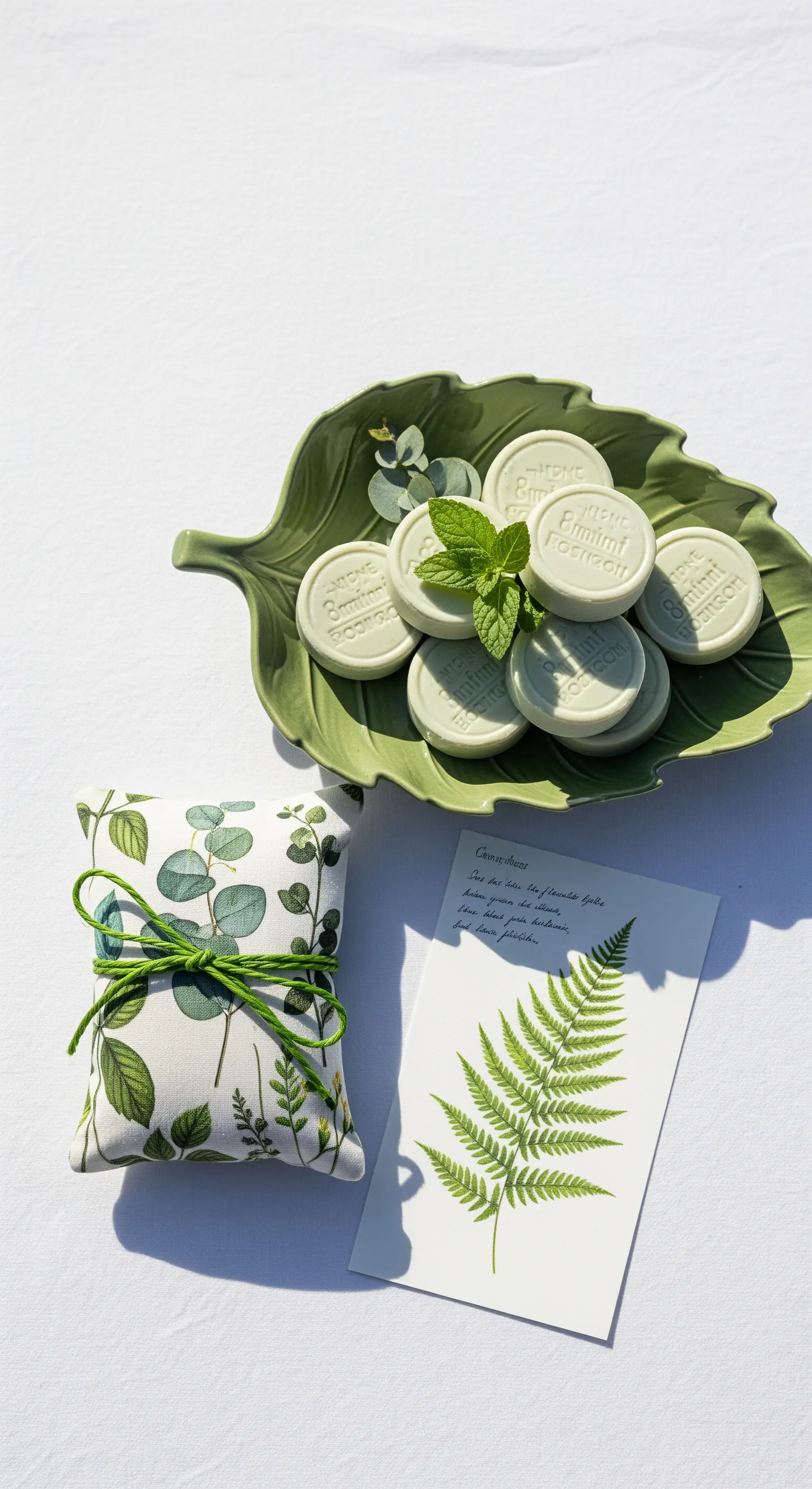 Saponi alla menta su un piatto a forma di foglia, con sacchetto a tema botanico e biglietto con felce.