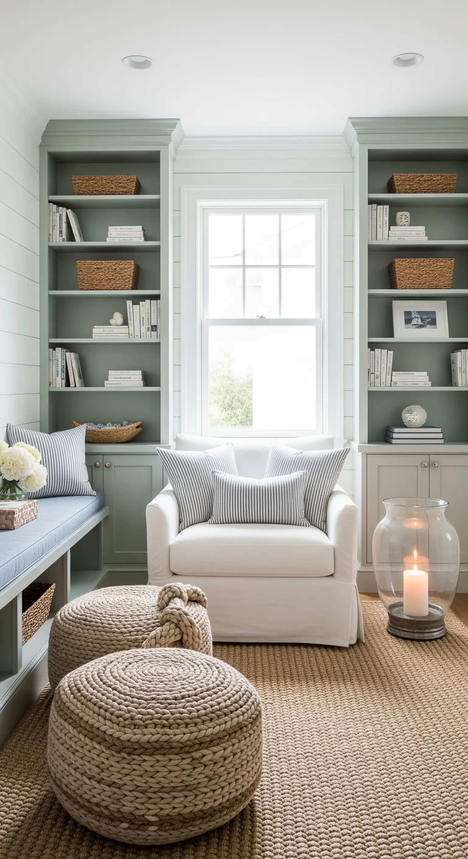 Angolo lettura in stile costiero con librerie verde salvia e pouf in fibra naturale.