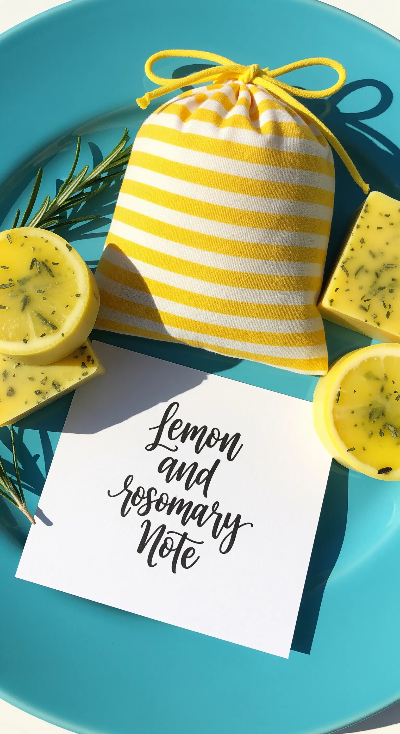 Saponi gialli al limone e rosmarino, sacchetto a righe e biglietto calligrafato su un piatto blu.