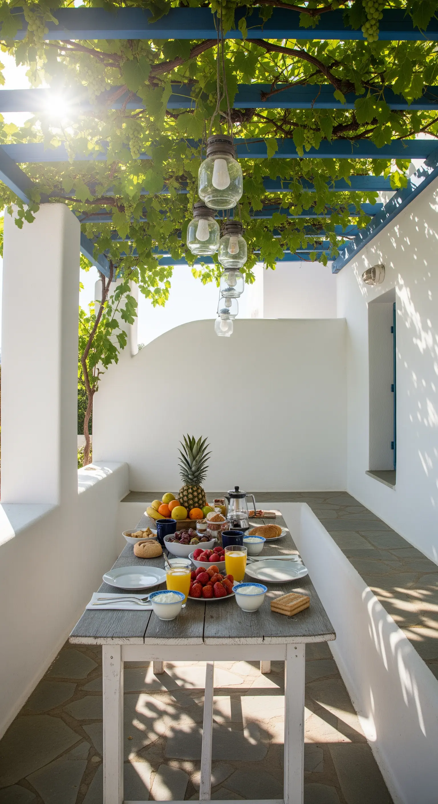 Colazione su un tavolo bianco sotto un pergolato blu e foglie di vite