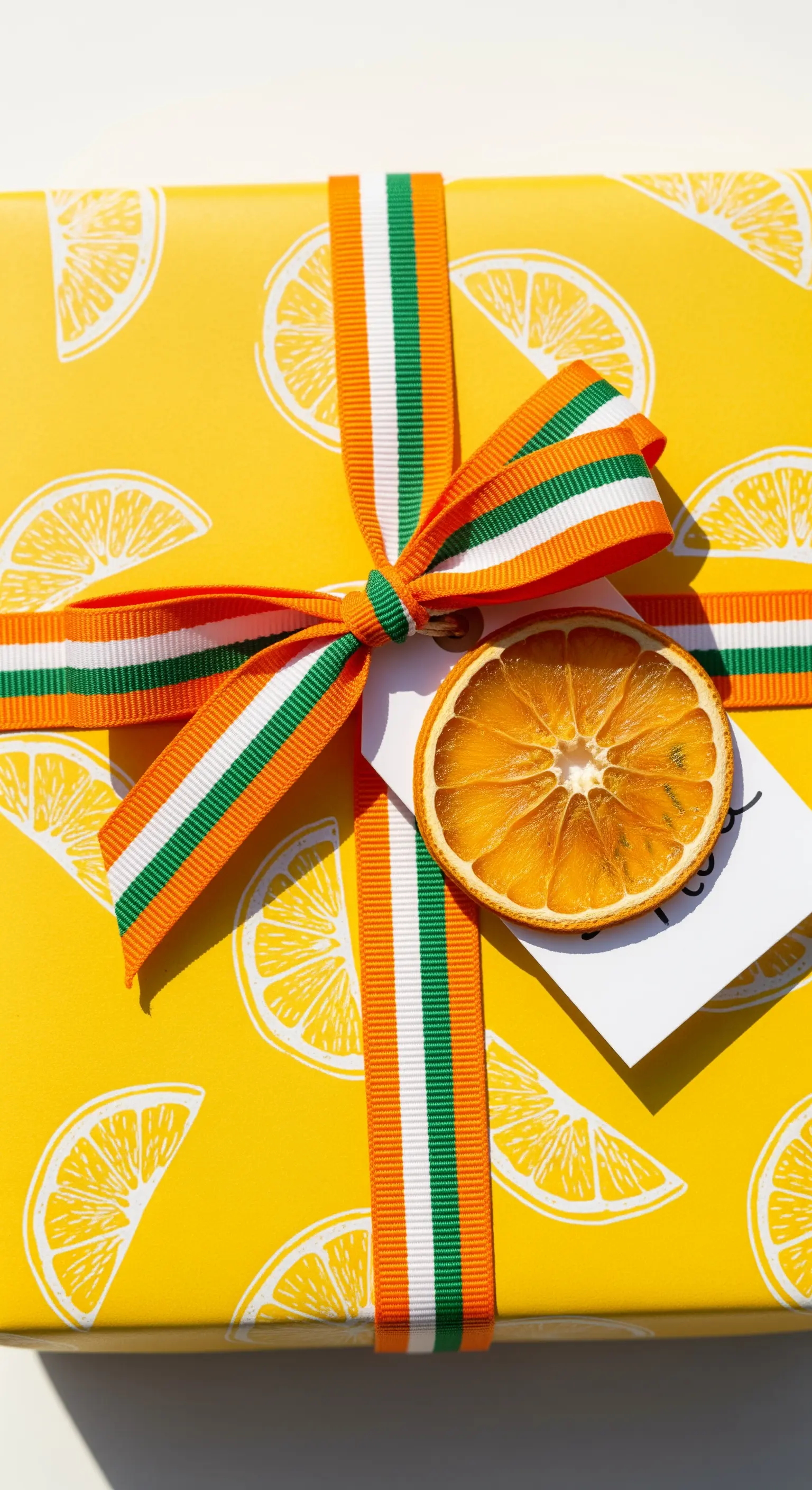 Regalo incartato in carta gialla a tema agrumi, con nastro a righe e una fetta d'arancia.