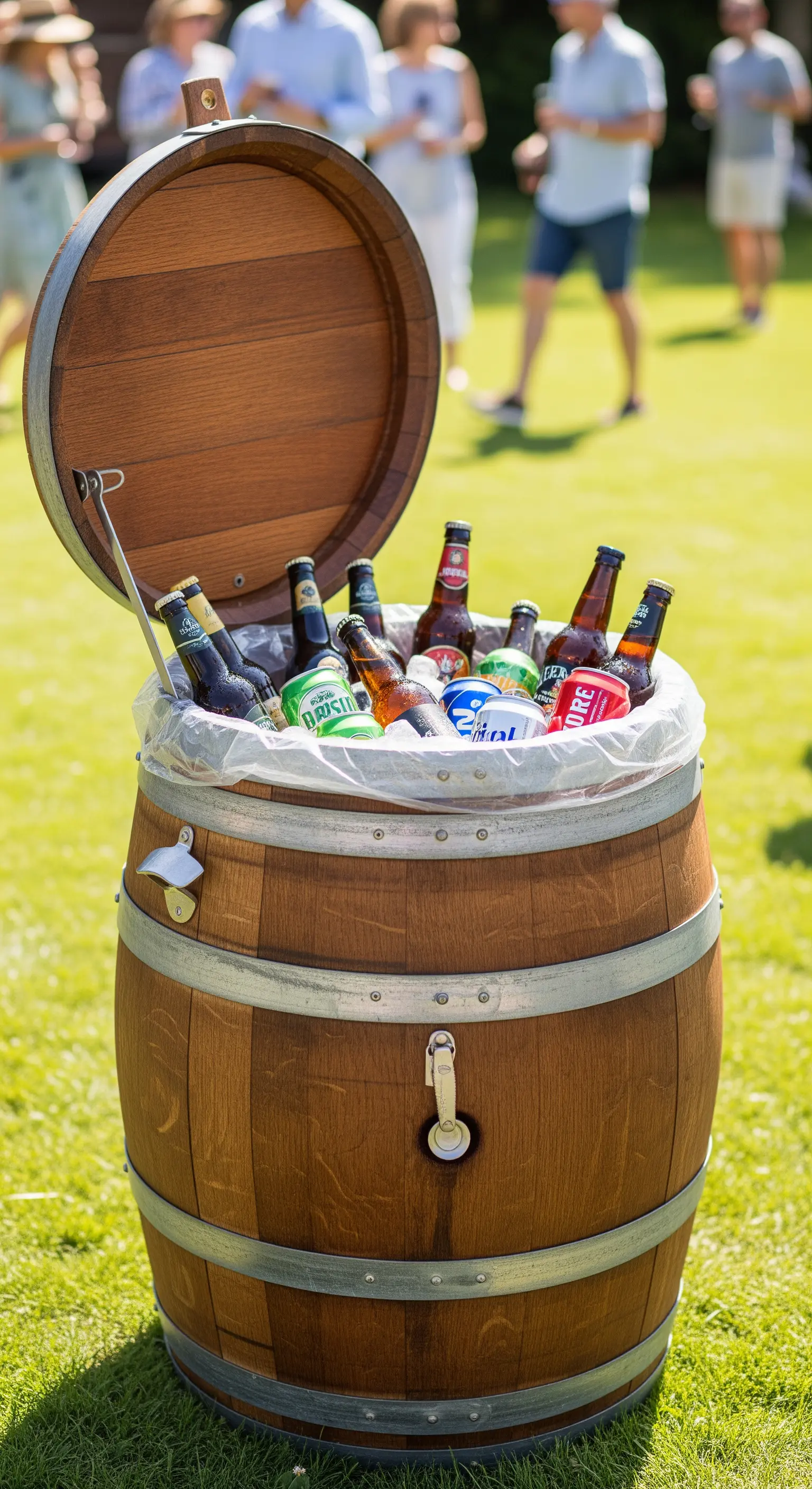 Botte di vino con coperchio, usata come contenitore per bevande ghiacciate a una festa in giardino.
