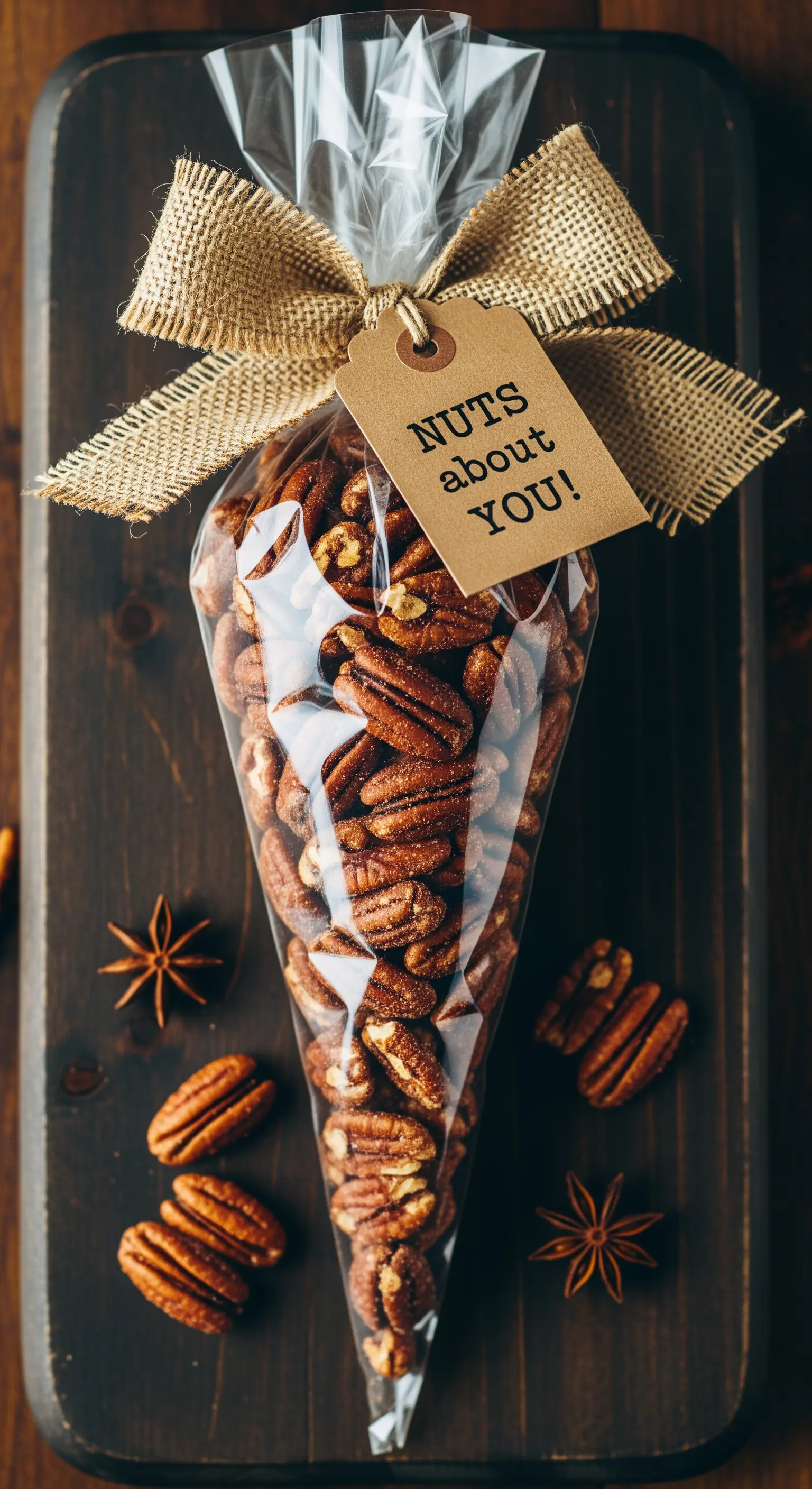 Cono trasparente pieno di noci pecan caramellate, con fiocco in juta e un'etichetta divertente.