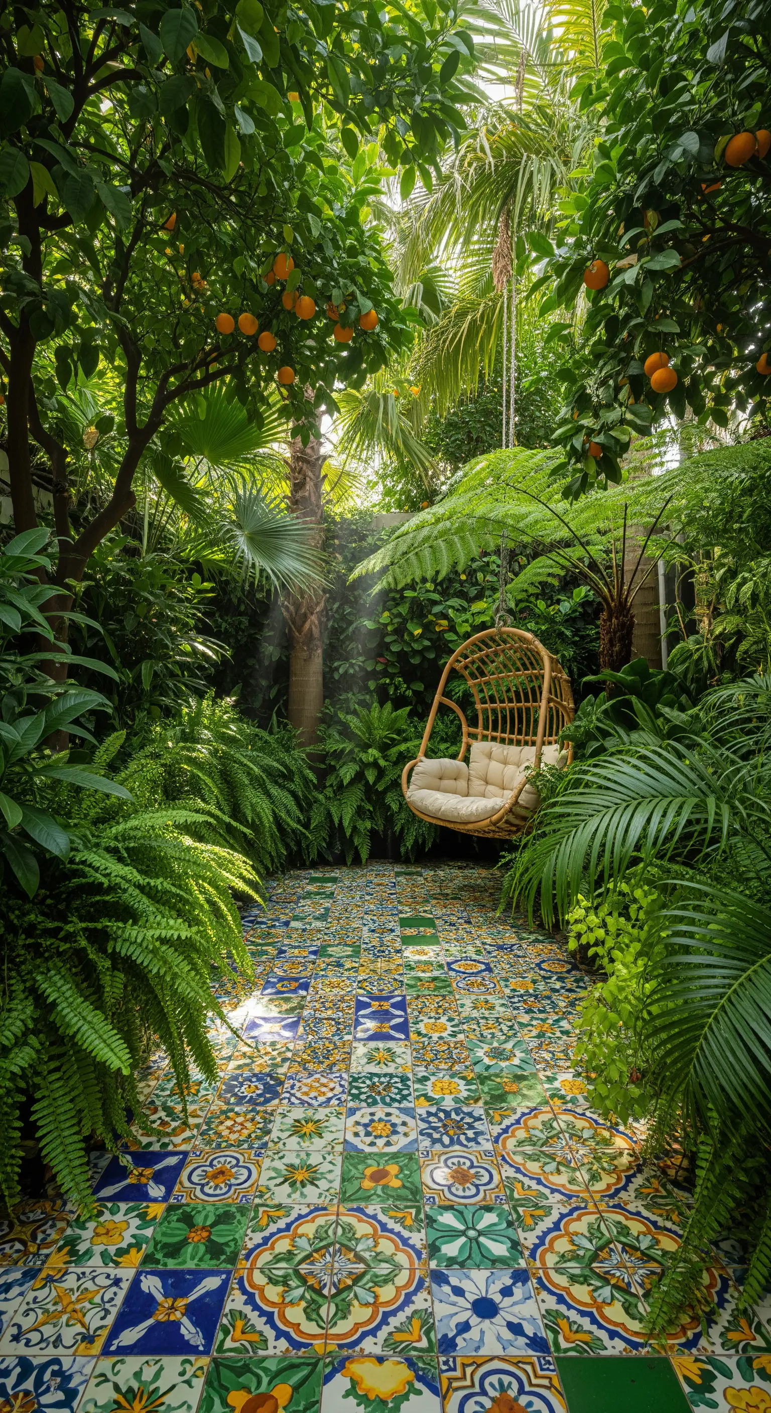 Patio trasformato in una giungla lussureggiante con pavimento a maioliche e poltrona sospesa.