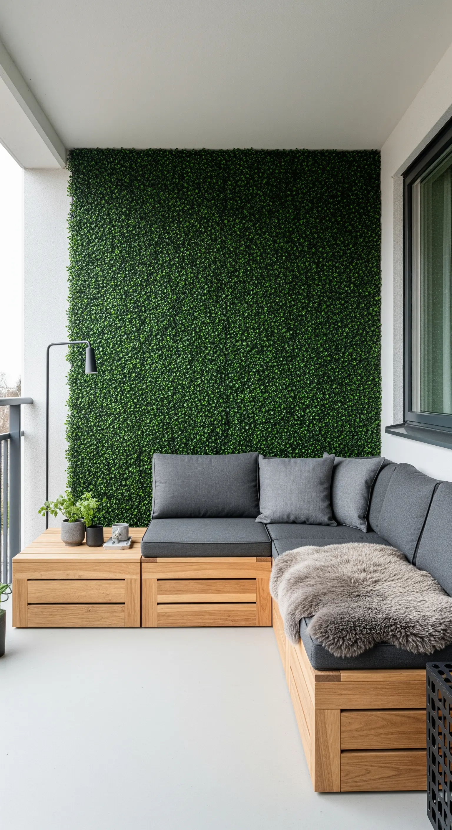 Balcone in stile scandinavo con panca angolare in legno, cuscini grigi e parete verde.