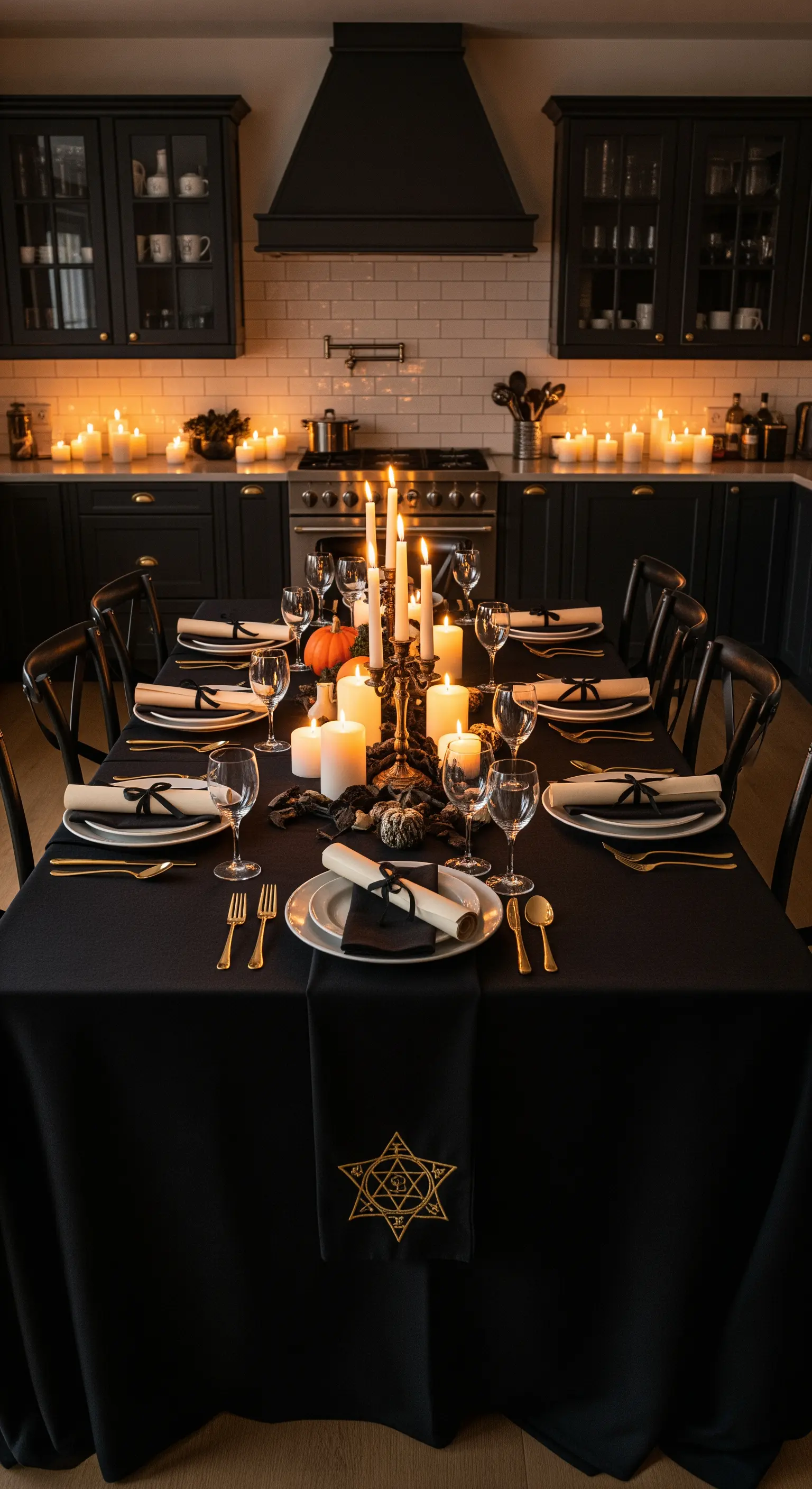 Tavola da pranzo elegante con tovaglia nera, posate dorate e un candelabro con candele bianche.