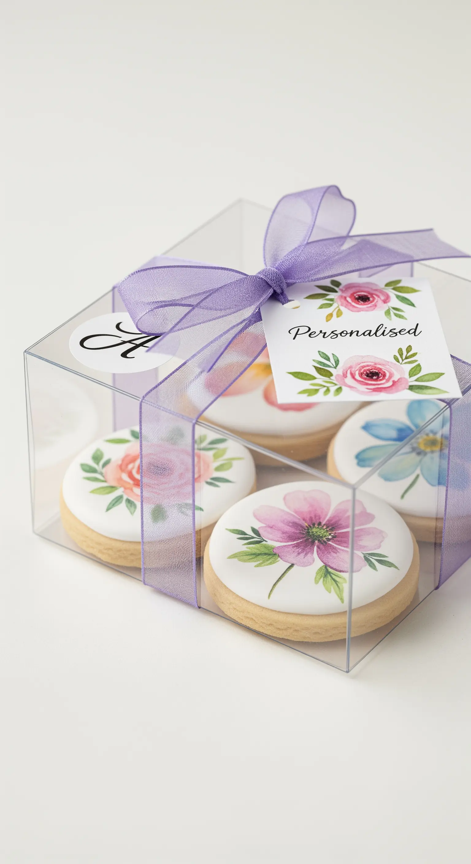 Biscotti decorati a mano con motivi floreali in una scatola trasparente con nastro viola.