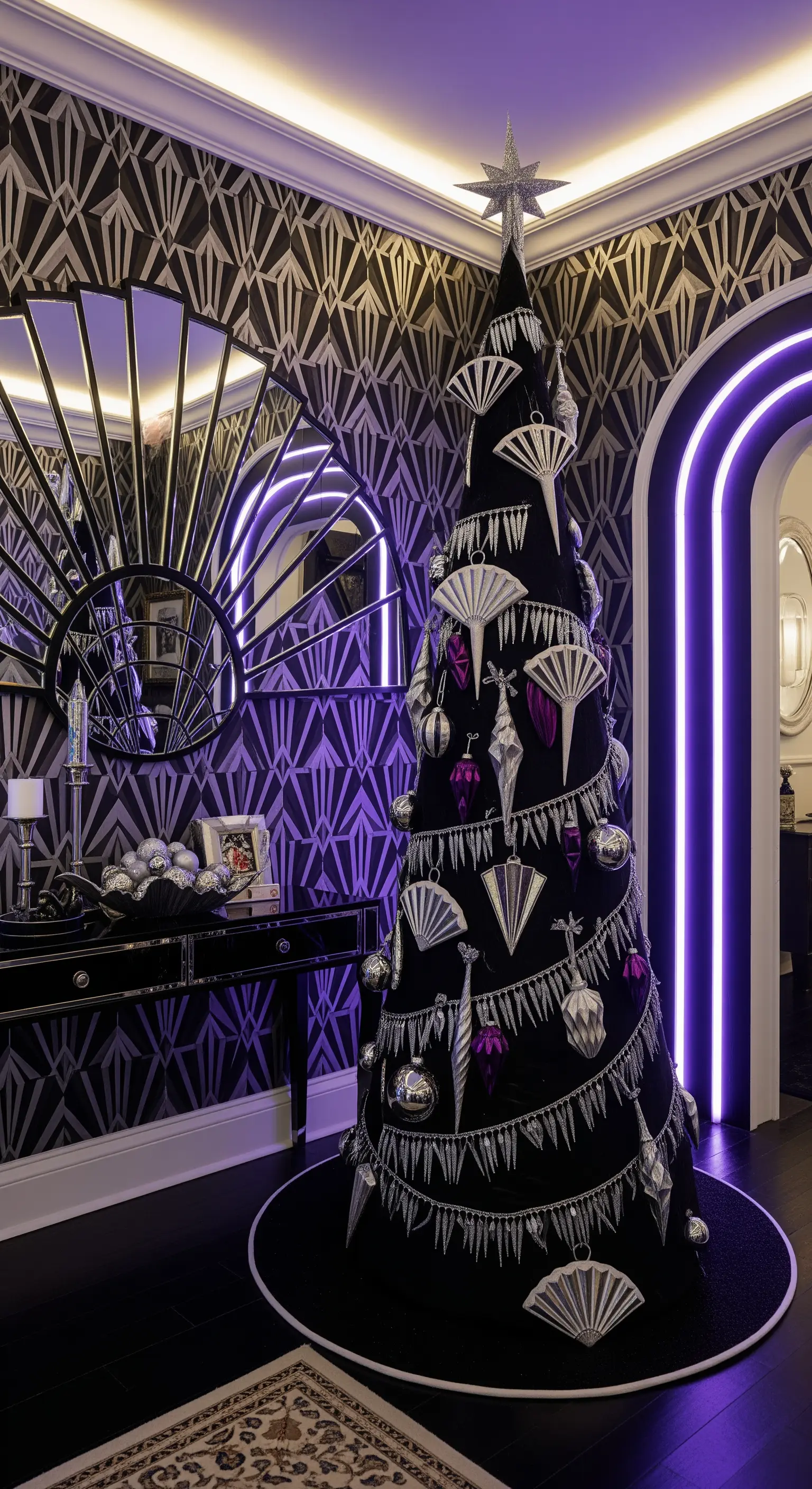 Albero di Natale nero in stile Art Déco con ventagli argentati e luci al neon viola.
