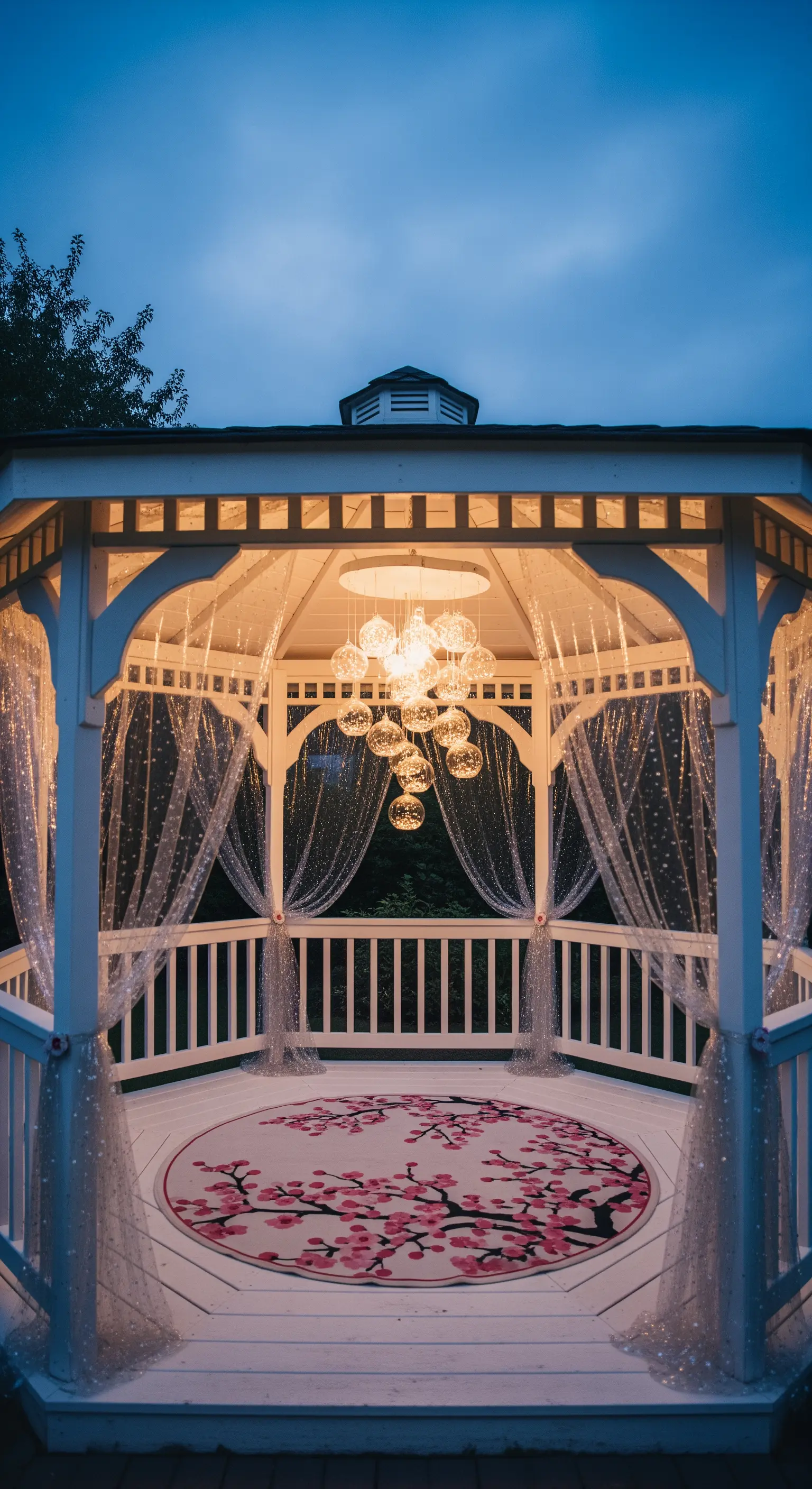 Gazebo bianco con tende scintillanti, lampadario a sfere e tappeto con fiori di ciliegio.