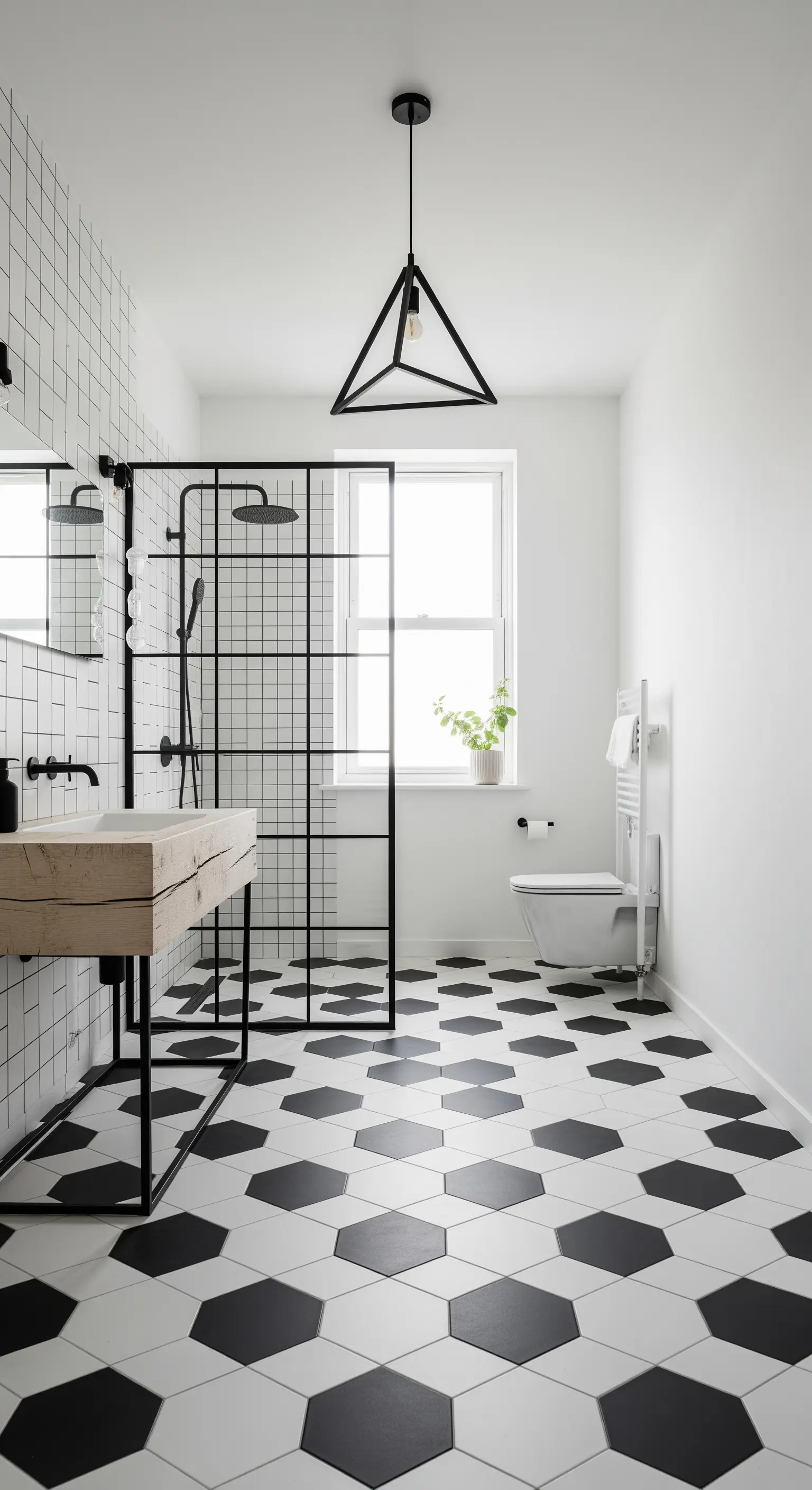 Bagno in bianco e nero con pavimento a piastrelle esagonali e dettagli in legno.