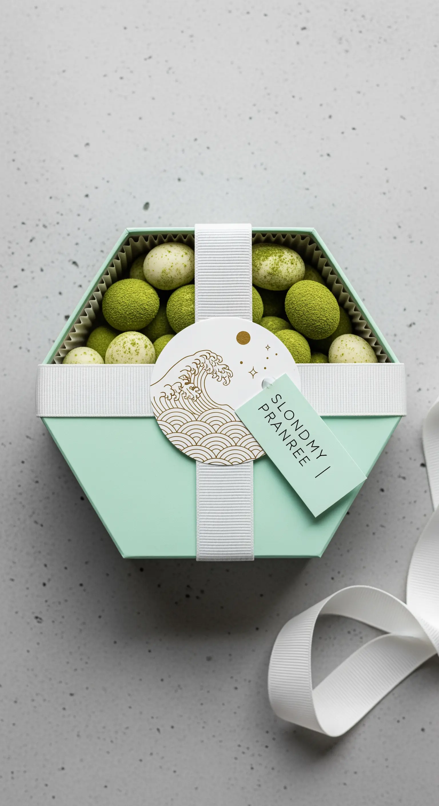 Dolcetti verdi in una scatola esagonale color menta con una fascia bianca e un tag grafico.