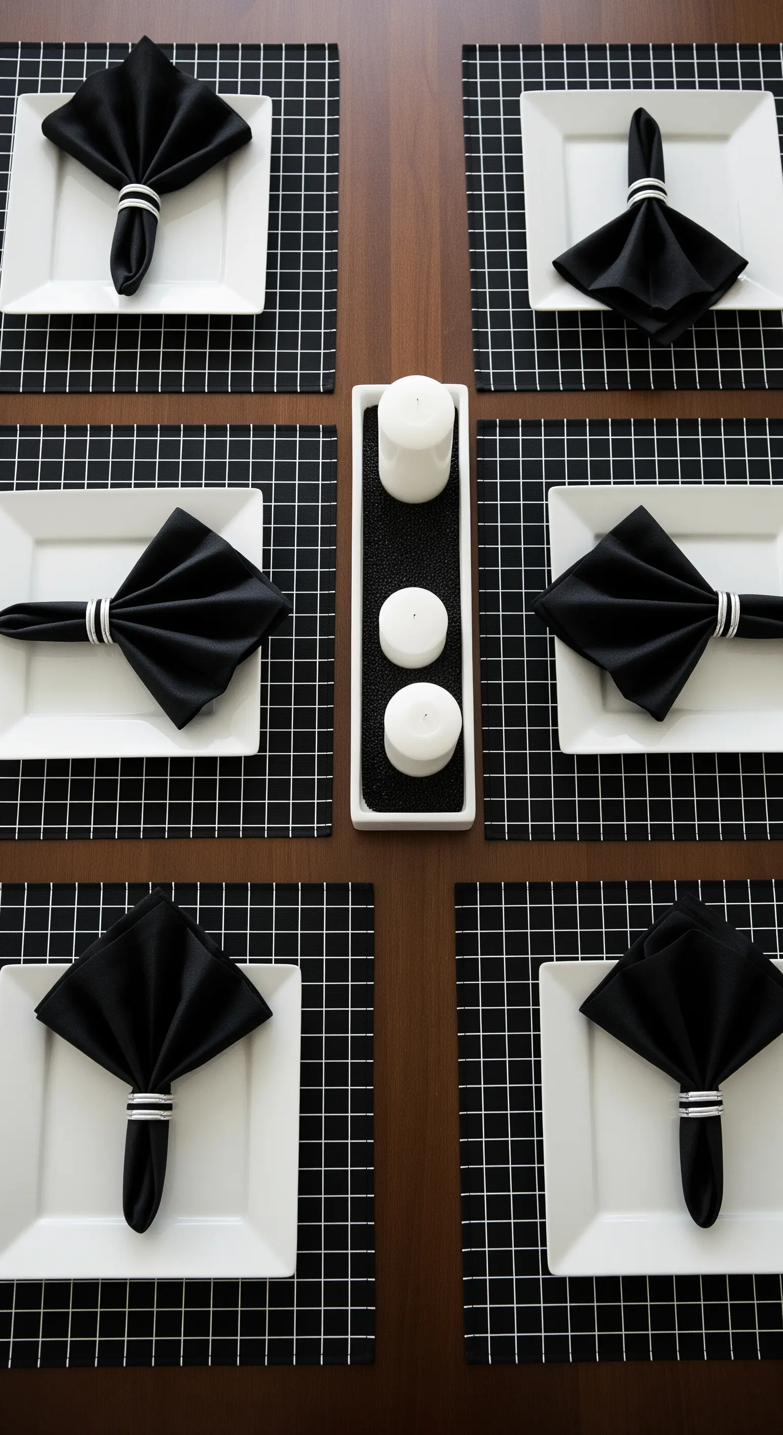 Tavola minimalista in bianco e nero con tovagliette a griglia e candele bianche.