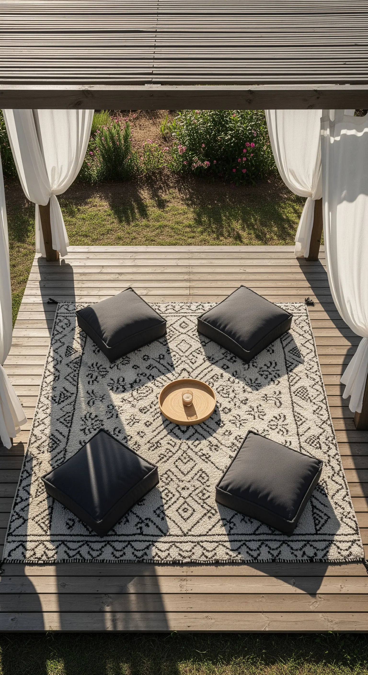 Patio in legno con tappeto berbero geometrico, cuscini neri e tende bianche.