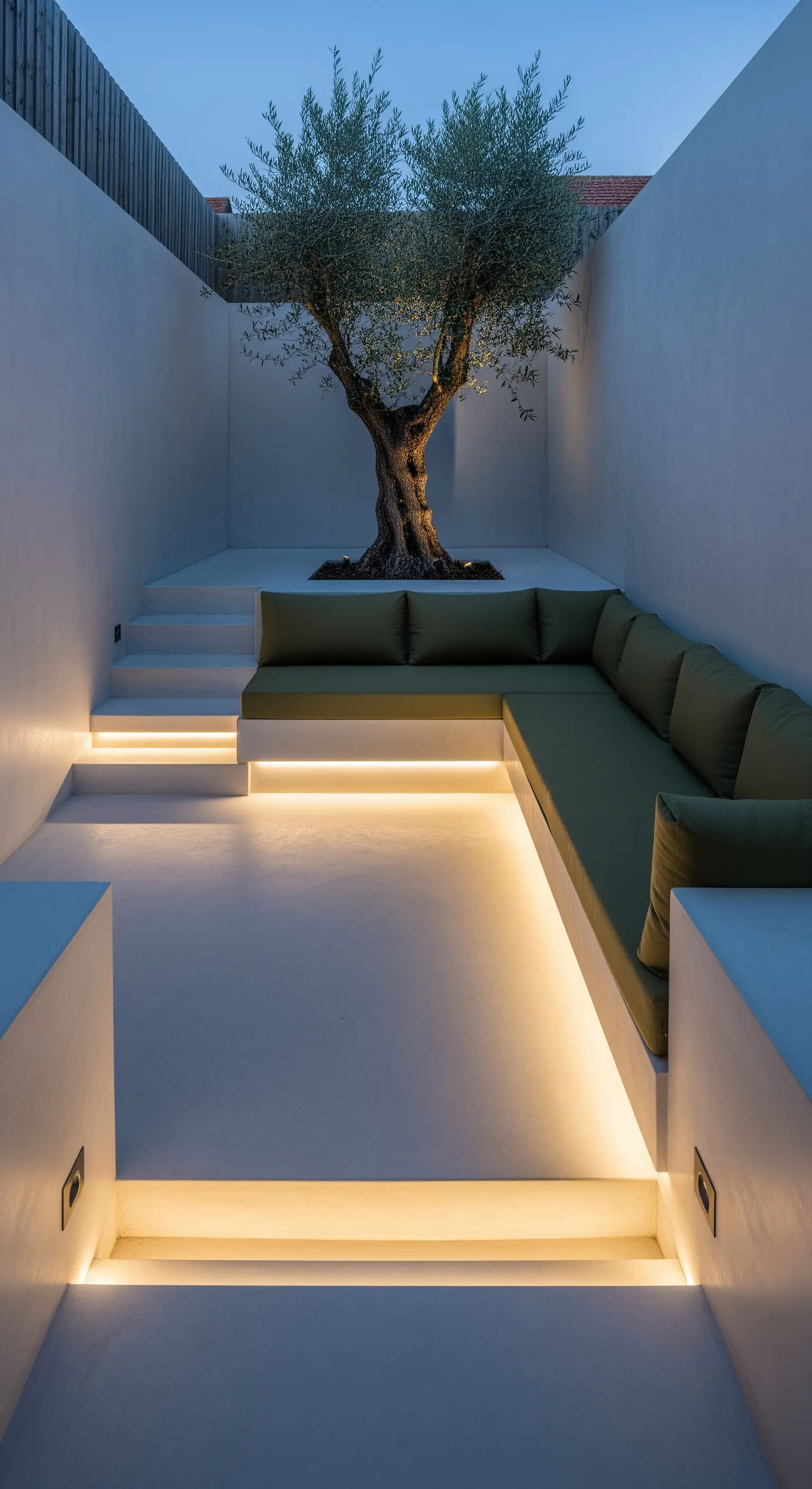 Patio minimalista in cemento con albero d'ulivo e sedute integrate con illuminazione a LED.