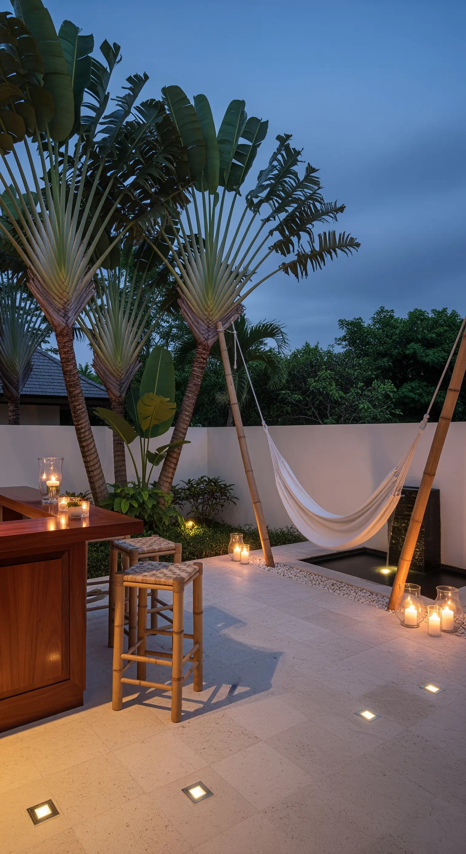Patio minimalista di sera con amaca bianca, illuminazione a pavimento e candele.