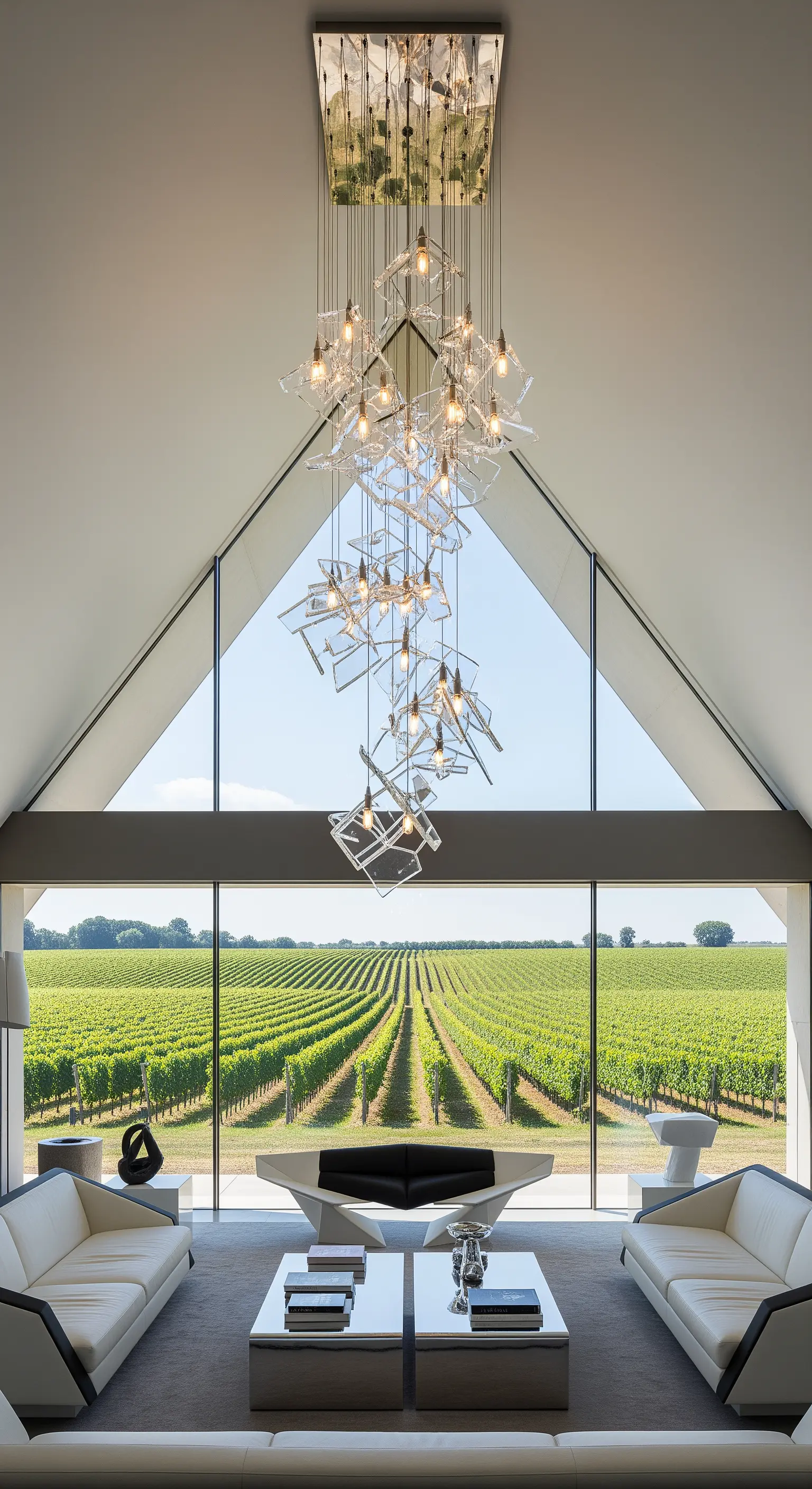 Cantina moderna con vetrata triangolare su una vigna e un lampadario astratto in vetro.