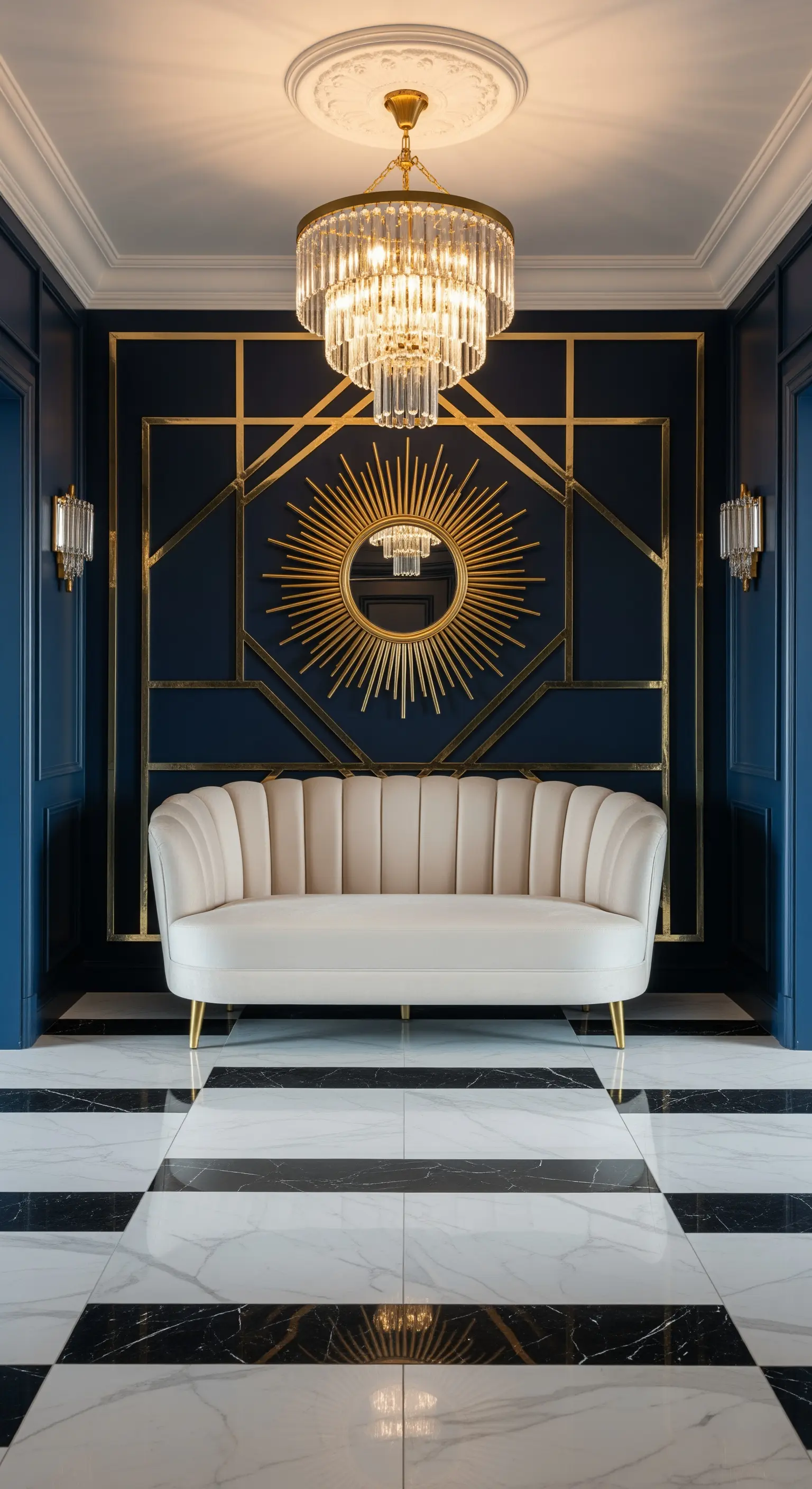 Ingresso in stile Art Déco con pareti blu, divanetto bianco e dettagli dorati.