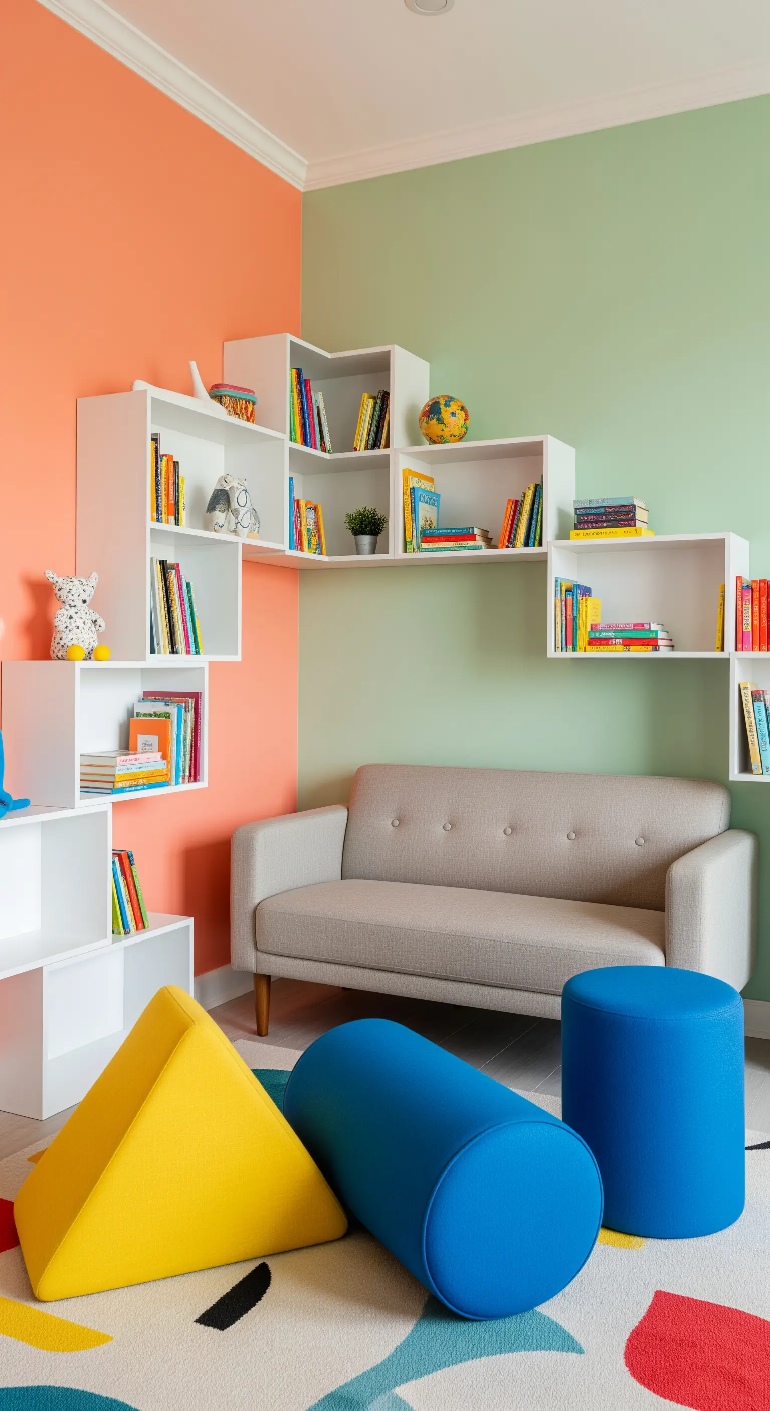Area gioco e lettura per bambini con pareti bicolore, libreria modulare bianca e cuscini geometrici.