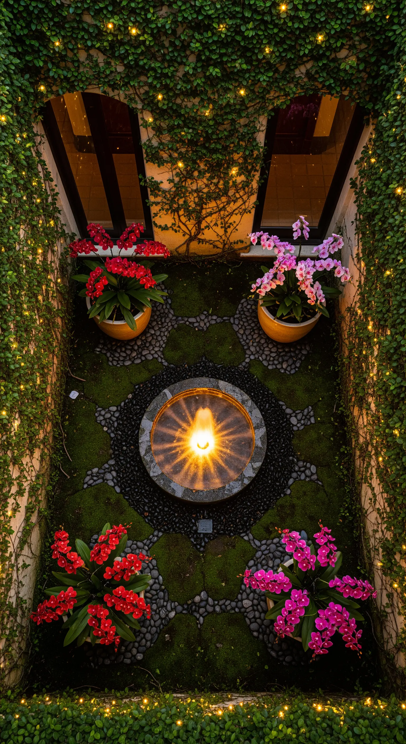 Cortile con fontana centrale, orchidee in vaso e pareti rampicanti decorate con lucine.