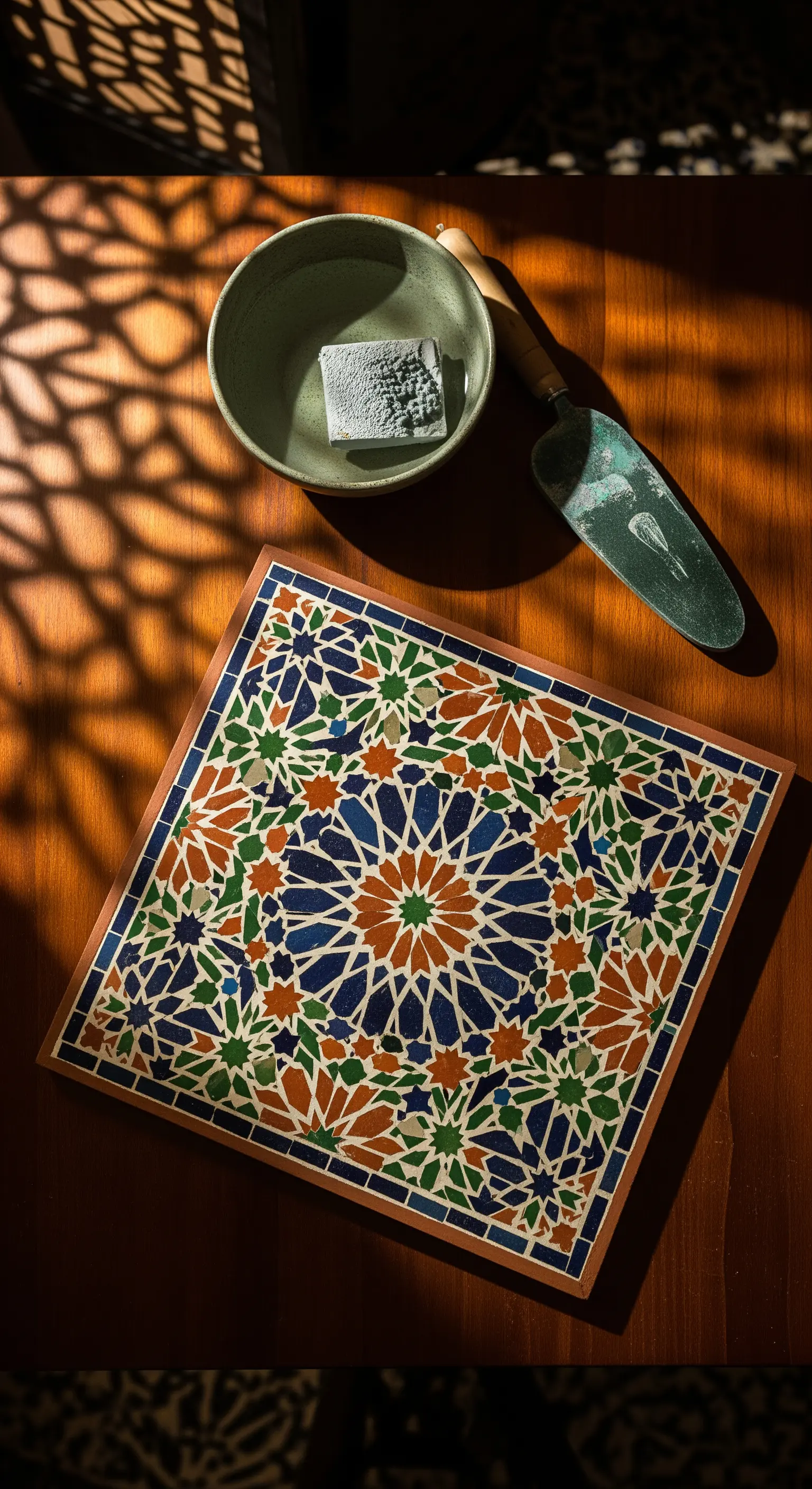 Mosaico quadrato con un complesso motivo geometrico in stile marocchino, nei toni del blu e del terracotta.