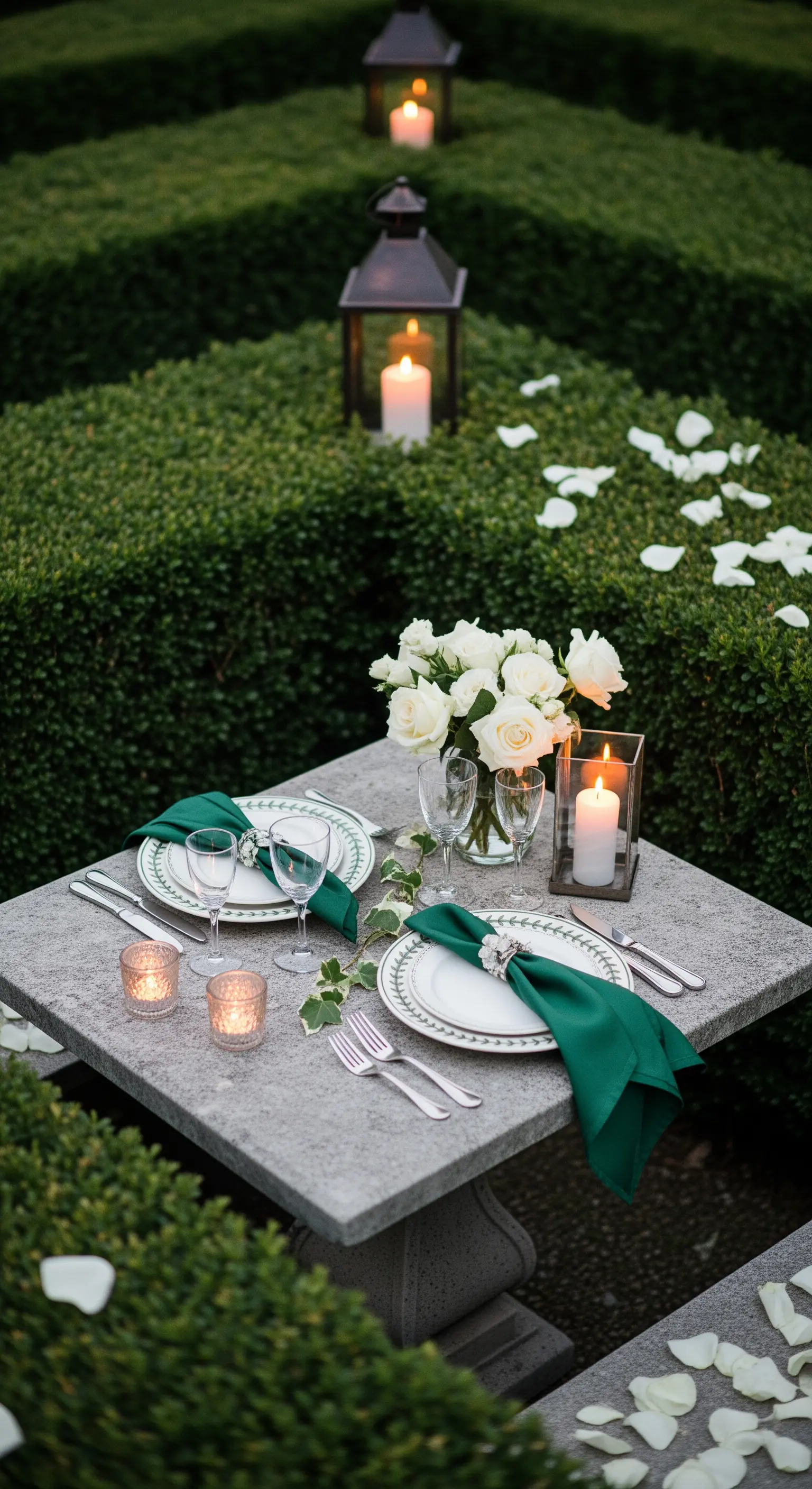 Tavola in pietra in un giardino moderno con rose bianche e tovaglioli verde scuro