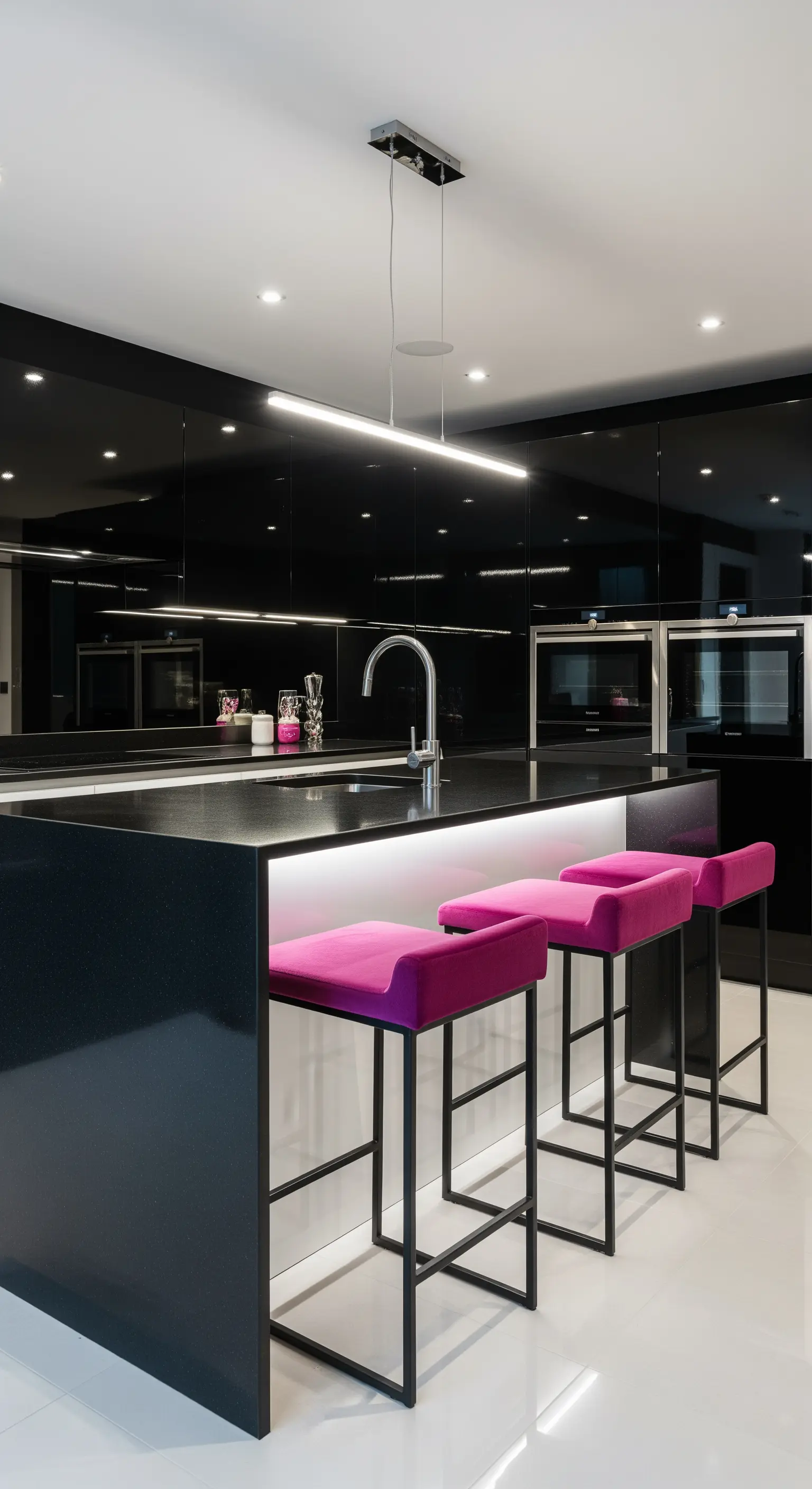 Cucina moderna total black con penisola illuminata e sgabelli in velluto fucsia