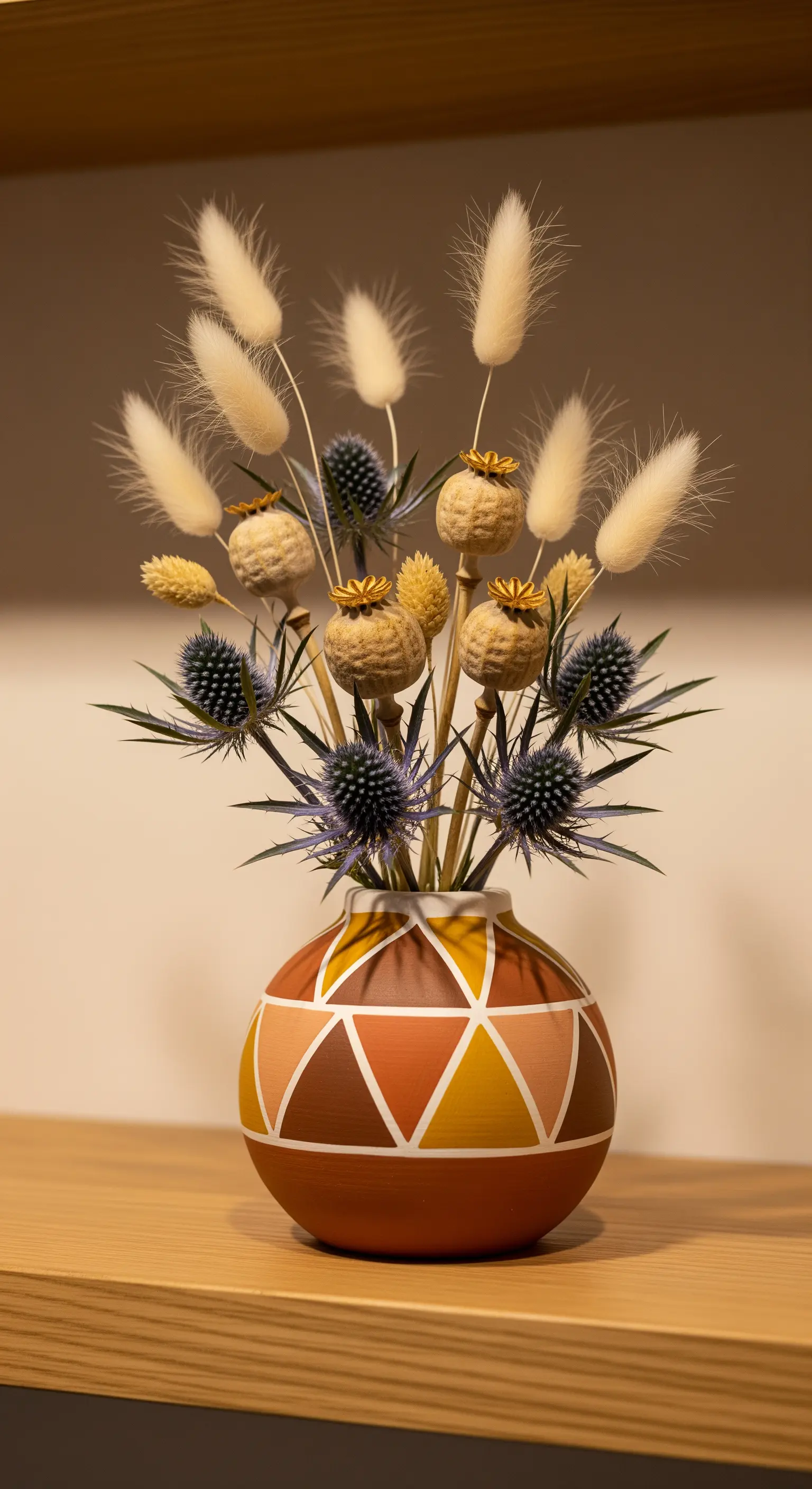 Vaso sferico in terracotta dipinto con un motivo geometrico e riempito con fiori secchi.