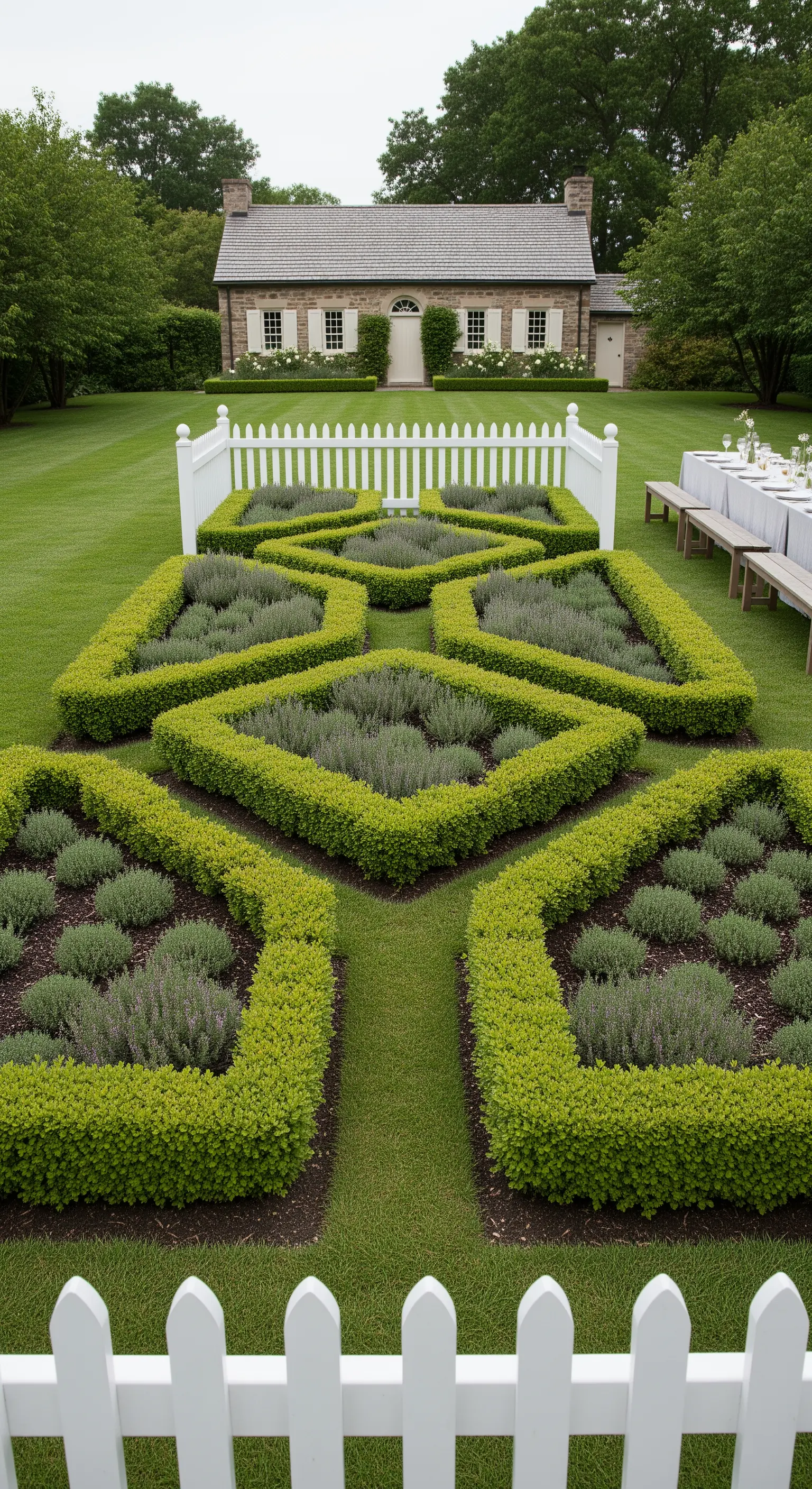 Giardino formale con siepi di bosso geometriche e lavanda, recinzione bianca.