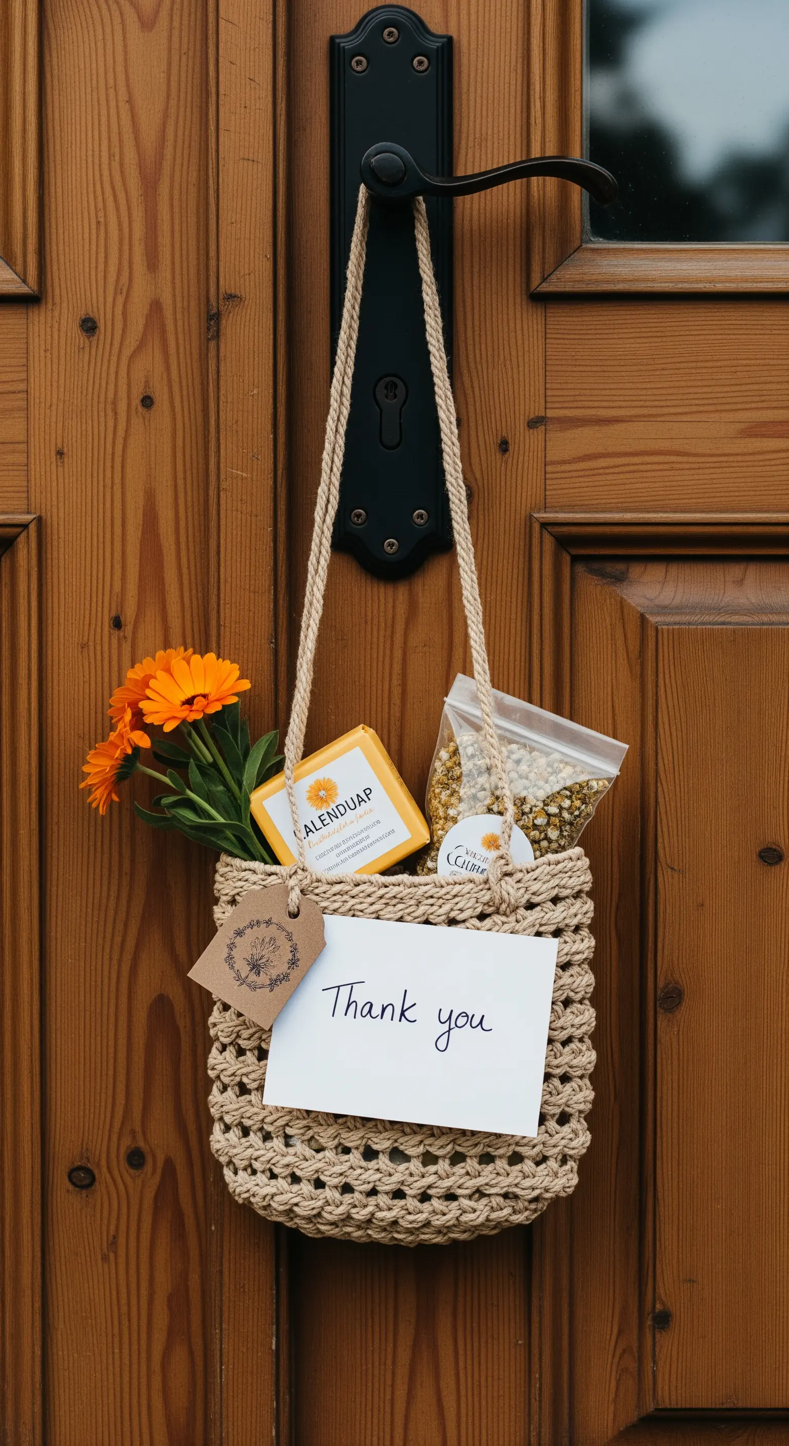 Borsetta all'uncinetto appesa alla maniglia di una porta, contenente sapone e fiori di calendula.