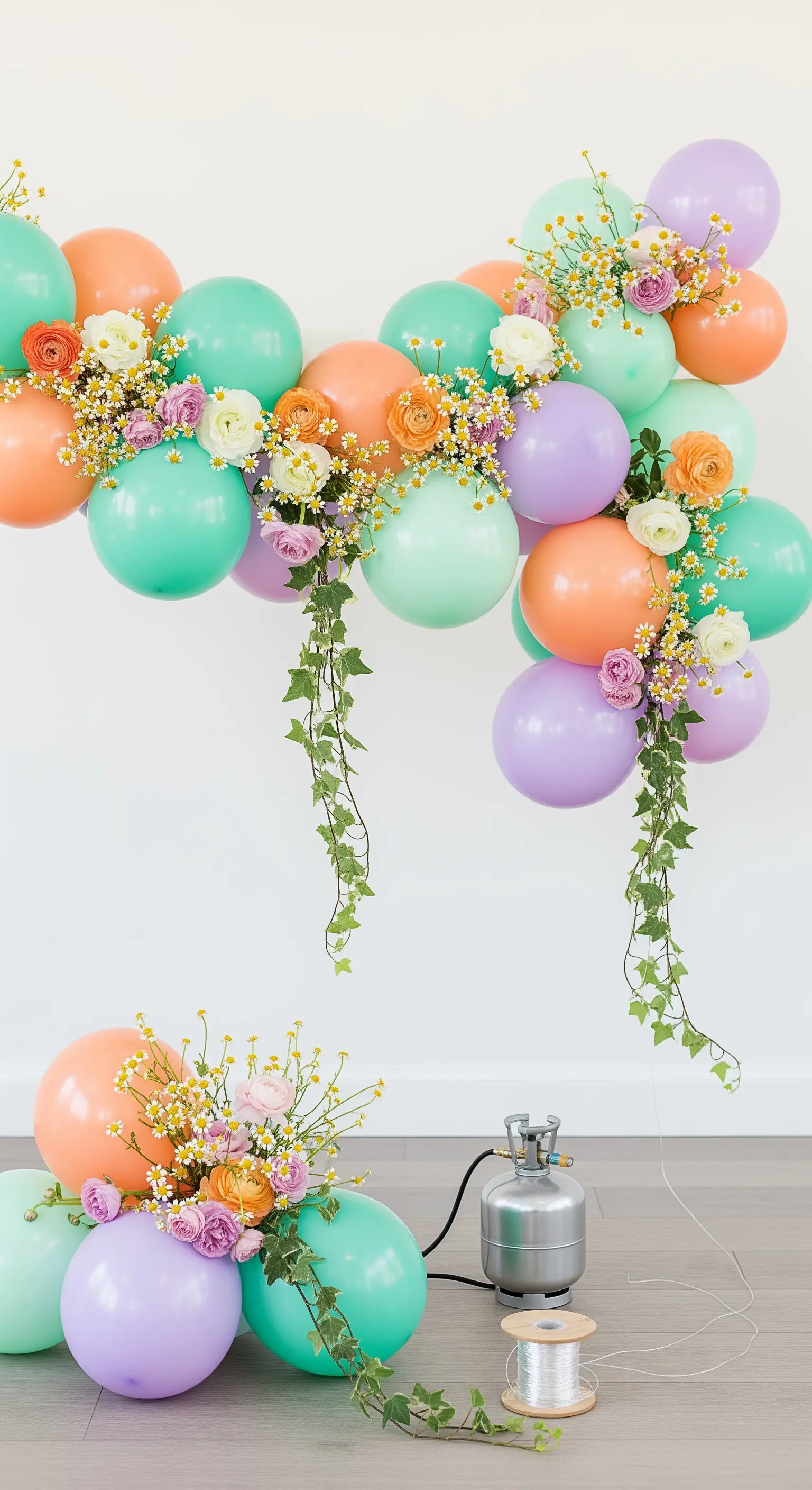 Ghirlanda di palloncini color pastello con fiori freschi e edera, pronta per essere allestita.