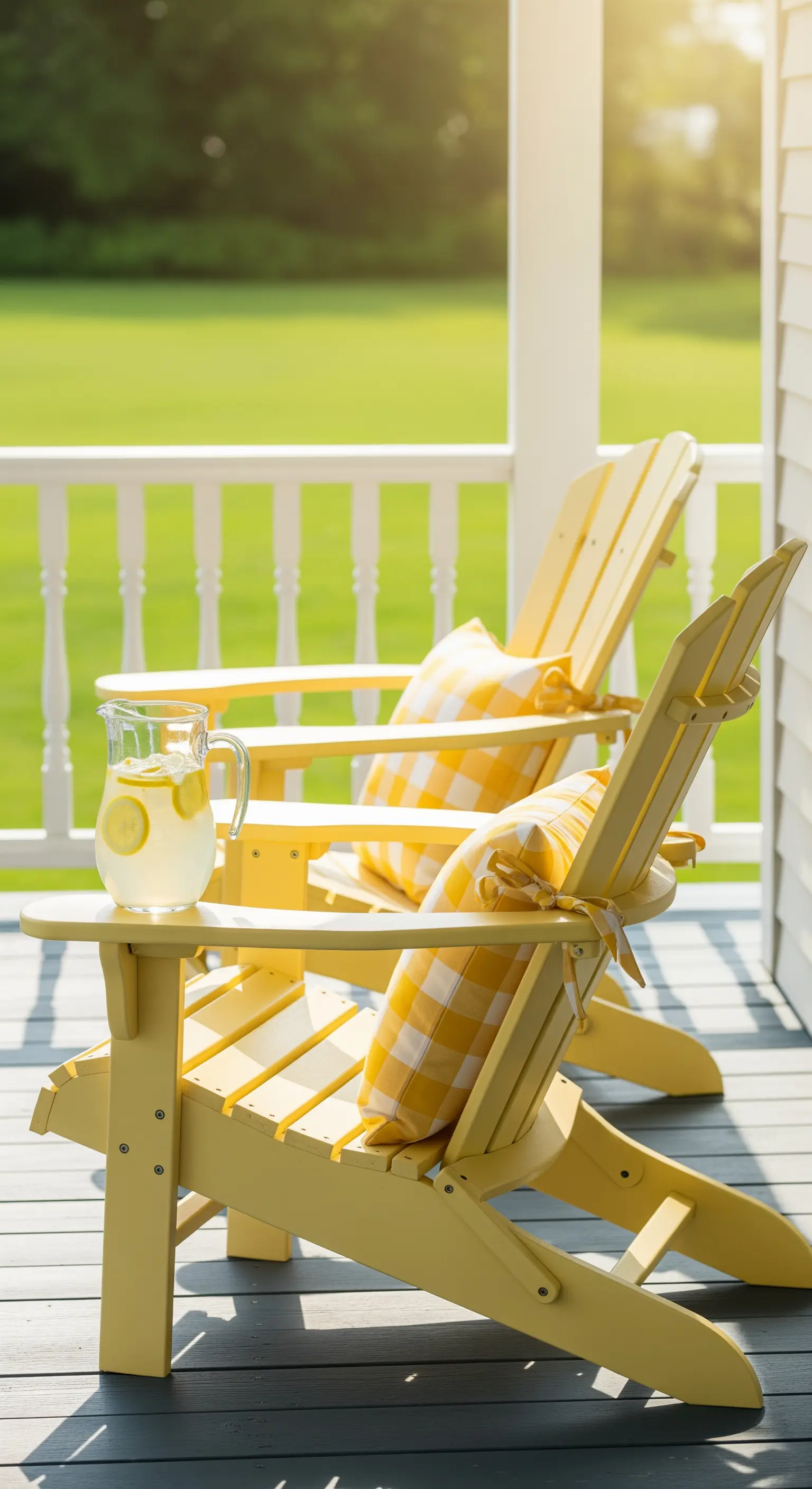 Due sedie Adirondack gialle con cuscini a quadri su un portico in legno.