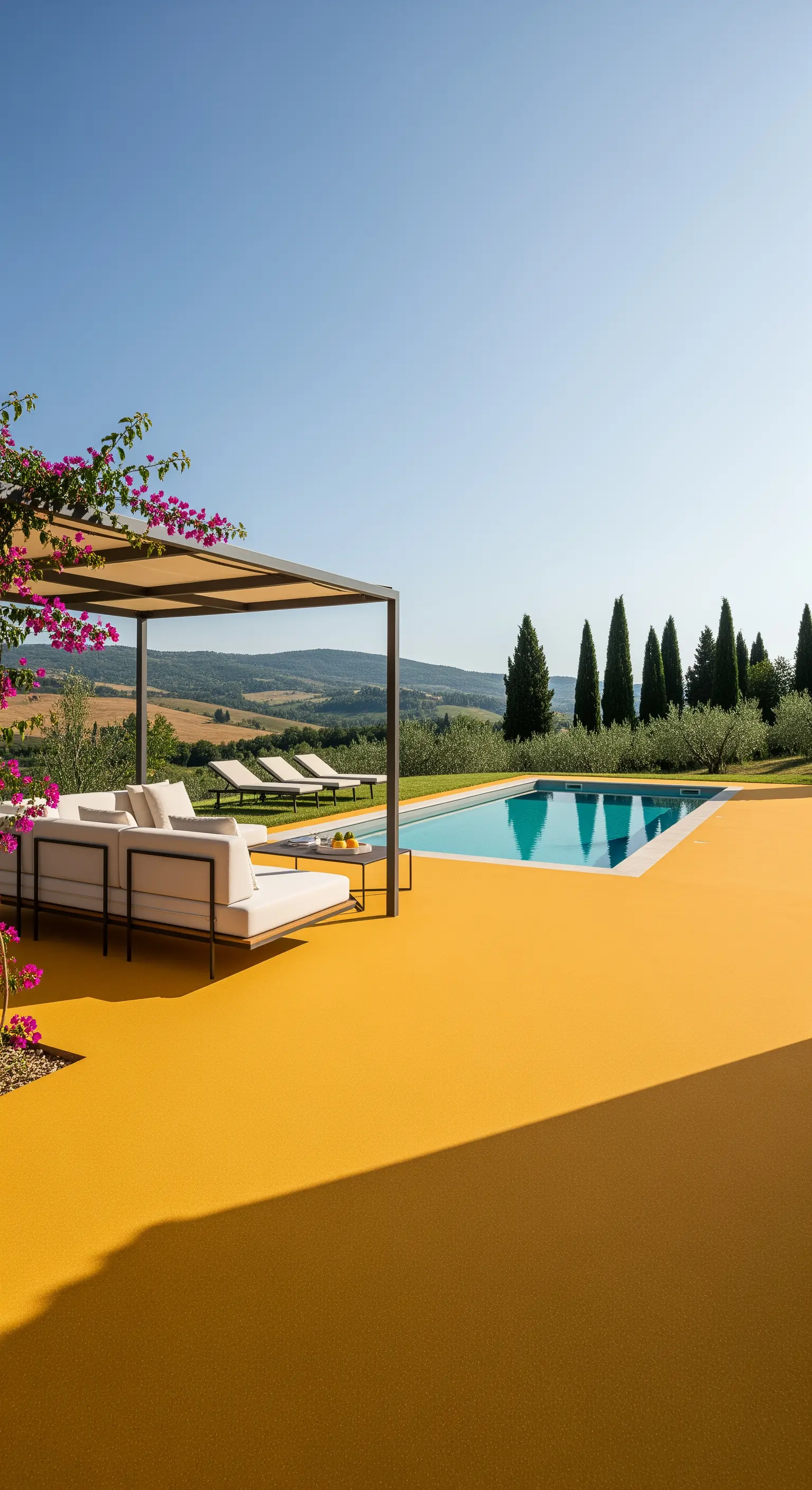Patio in stile toscano con pavimento in resina ocra, divano bianco e pergola moderna.