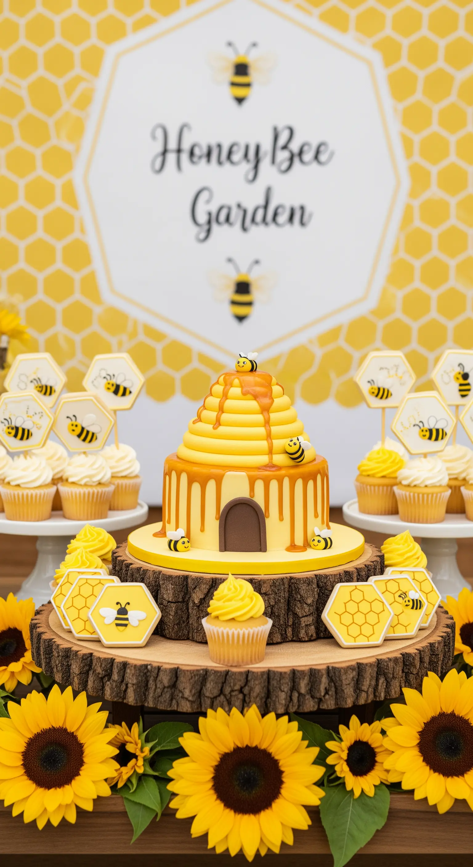 Torta a forma di alveare circondata da girasoli, biscotti e cupcake a tema api