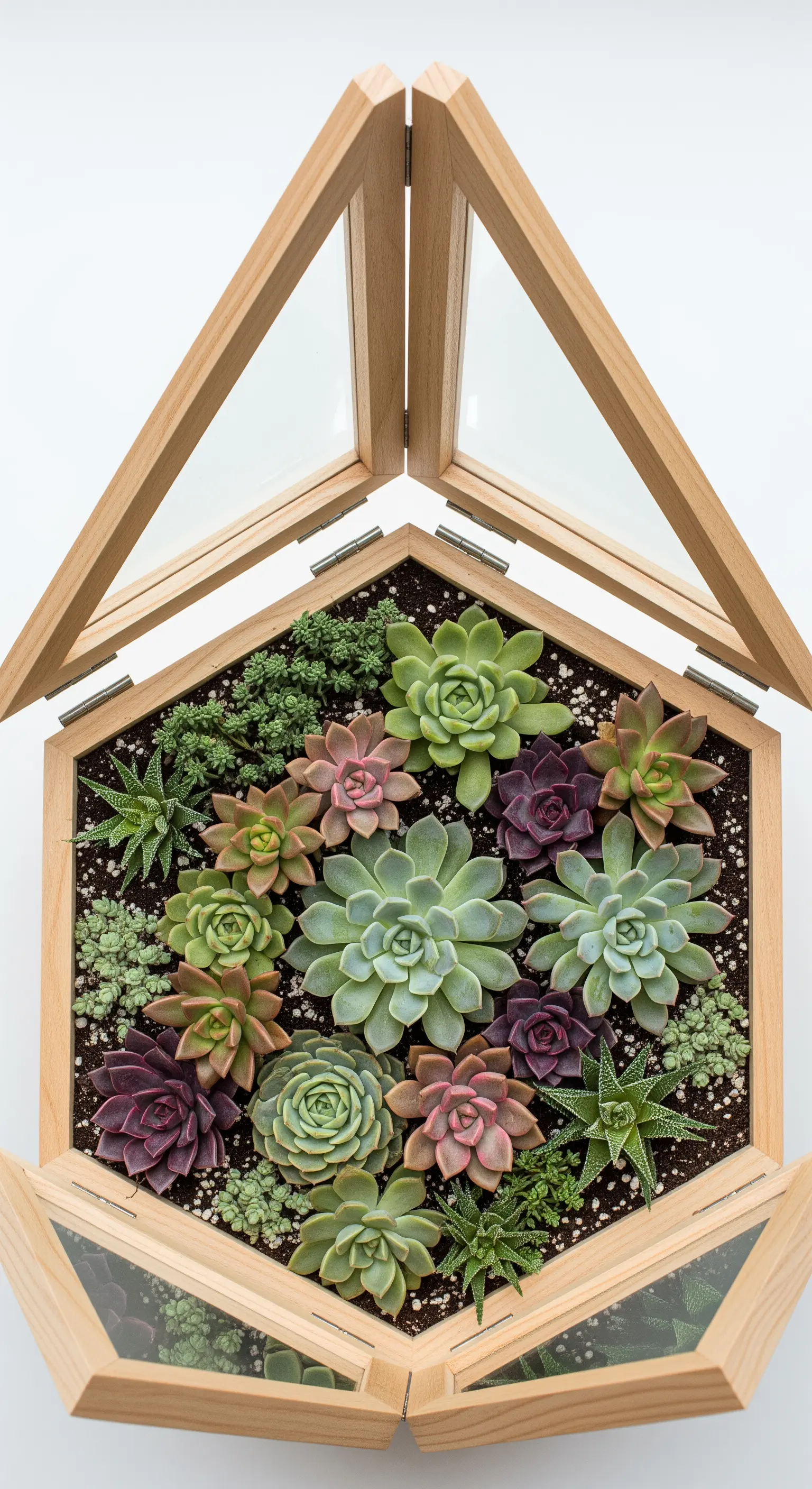 Vista dall'alto di un contenitore esagonale in legno e vetro pieno di piante succulente colorate