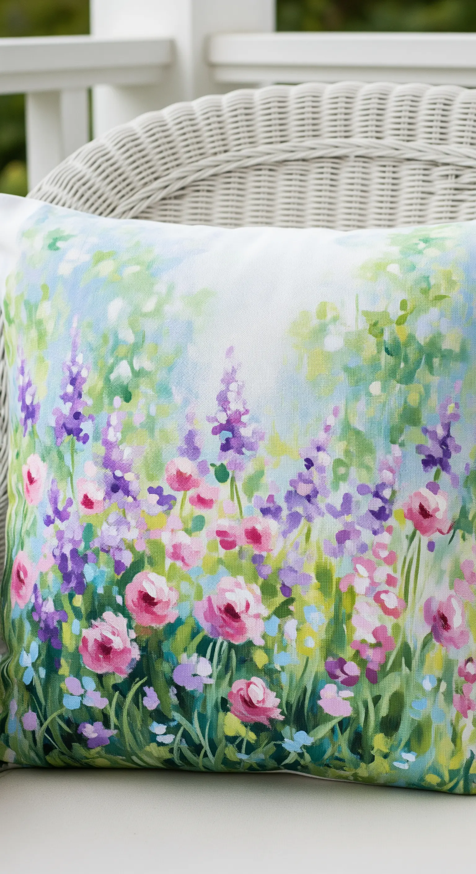 Cuscino con un paesaggio fiorito dipinto in stile impressionista, ricco di viola e rosa.