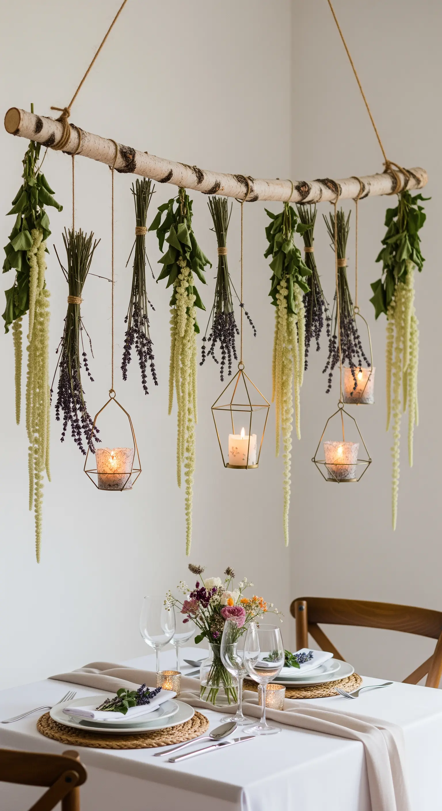 Ramo sospeso decorato con mazzi di erbe secche e lanterne con candele.