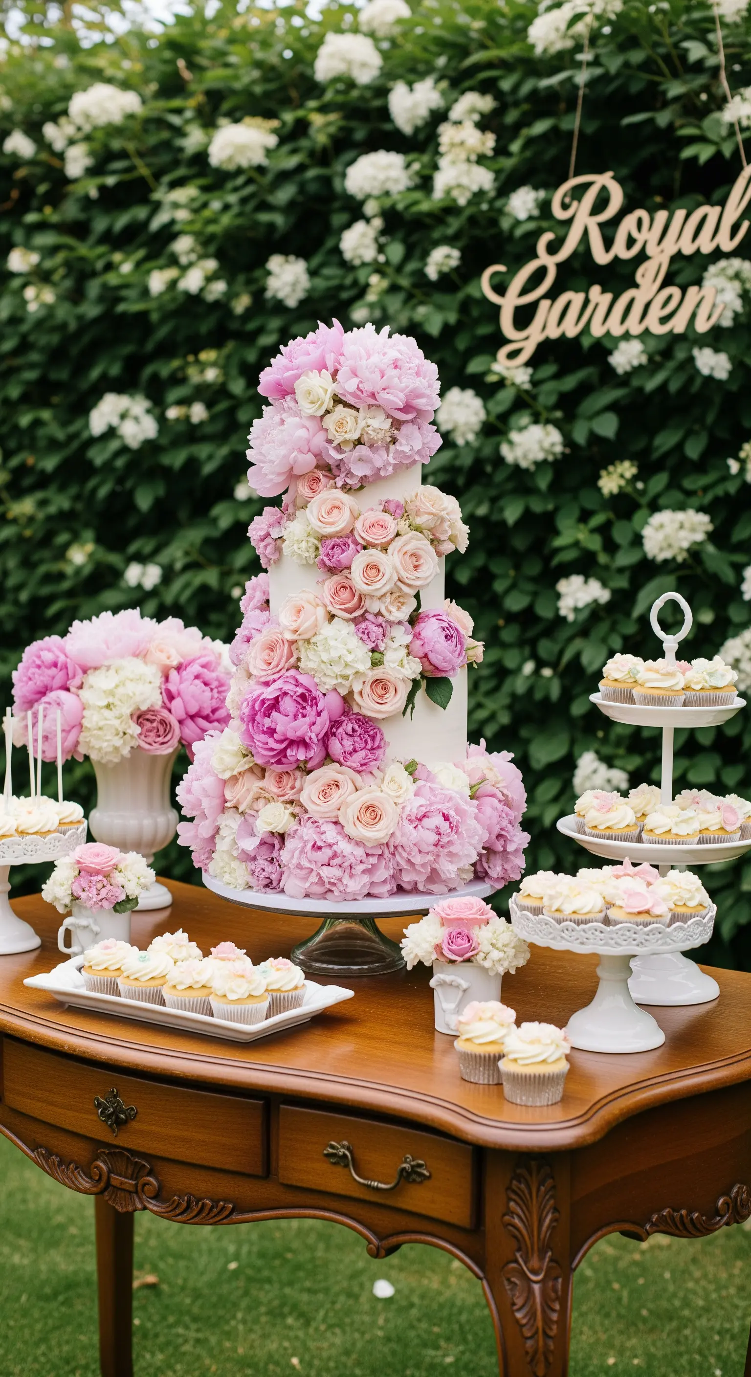 Torta bianca a più piani ricoperta di peonie e rose rosa, allestita in un giardino fiorito