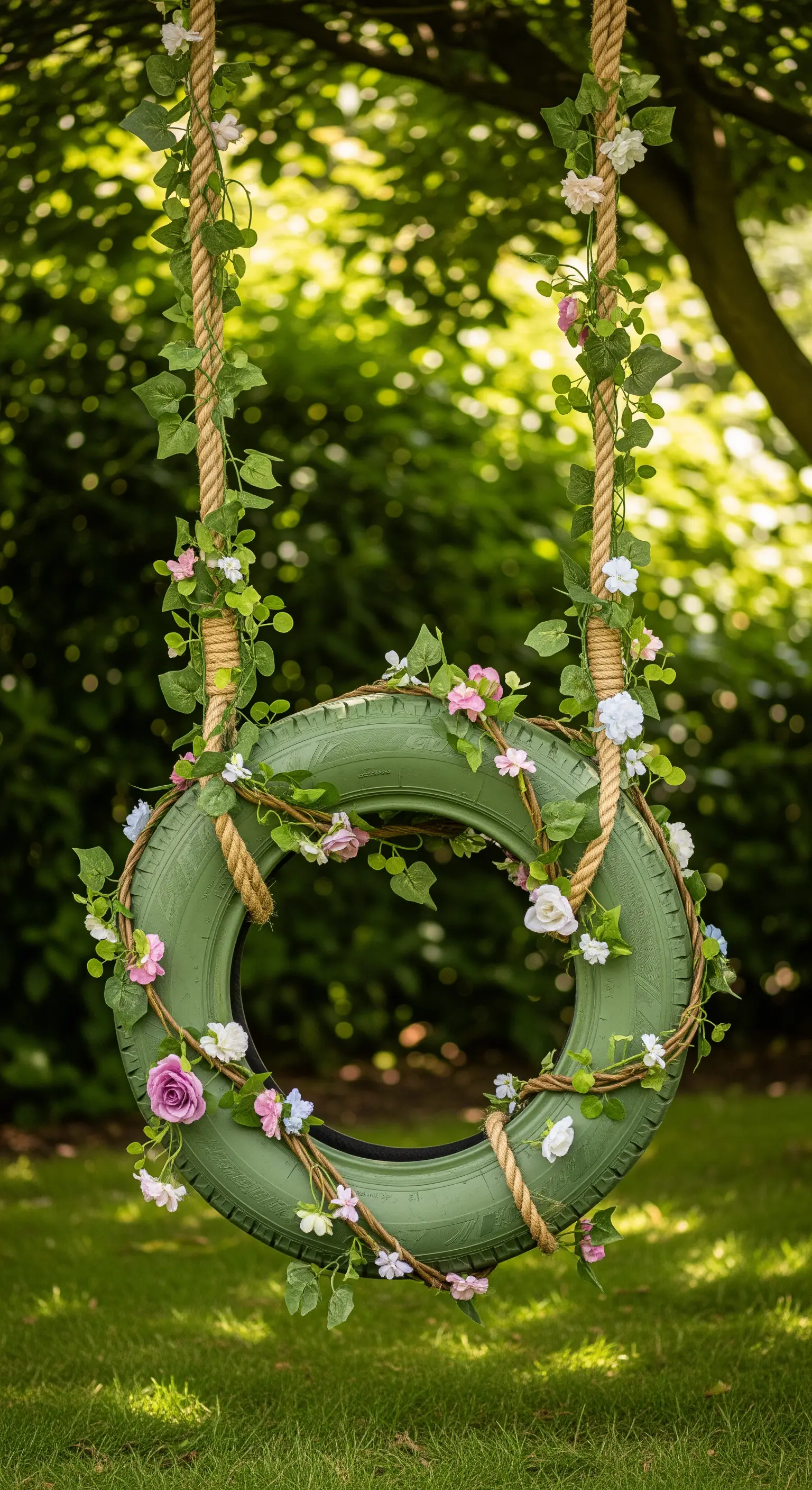 Altalena con pneumatico verde decorata con fiori finti rosa e bianchi e edera rampicante.