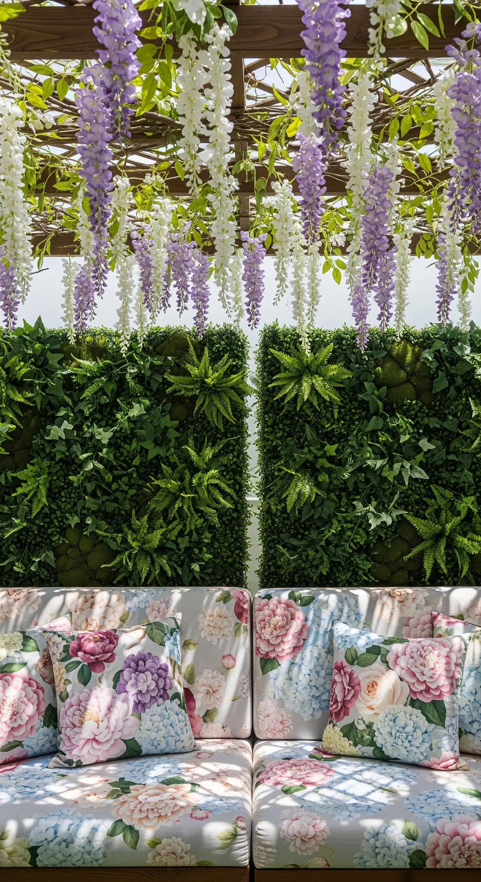 Divano con cuscini a fiori sotto una cascata di glicine artificiale pendente da un pergolato.
