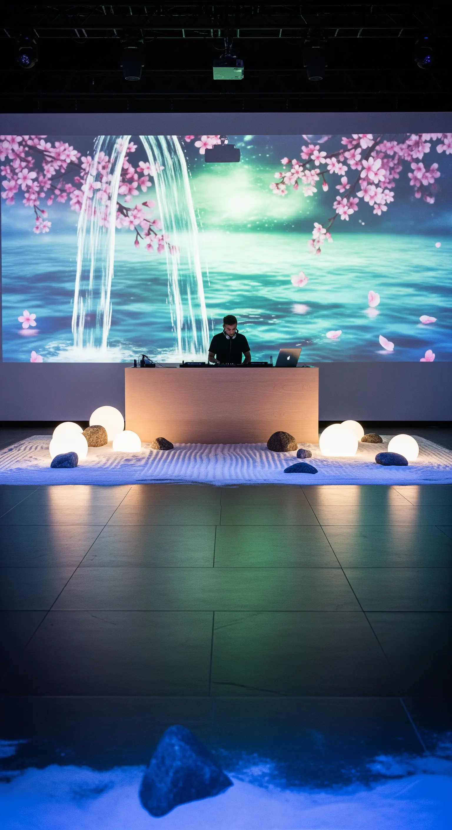 DJ booth minimalista con un giardino zen di sabbia e proiezioni di fiori di ciliegio.