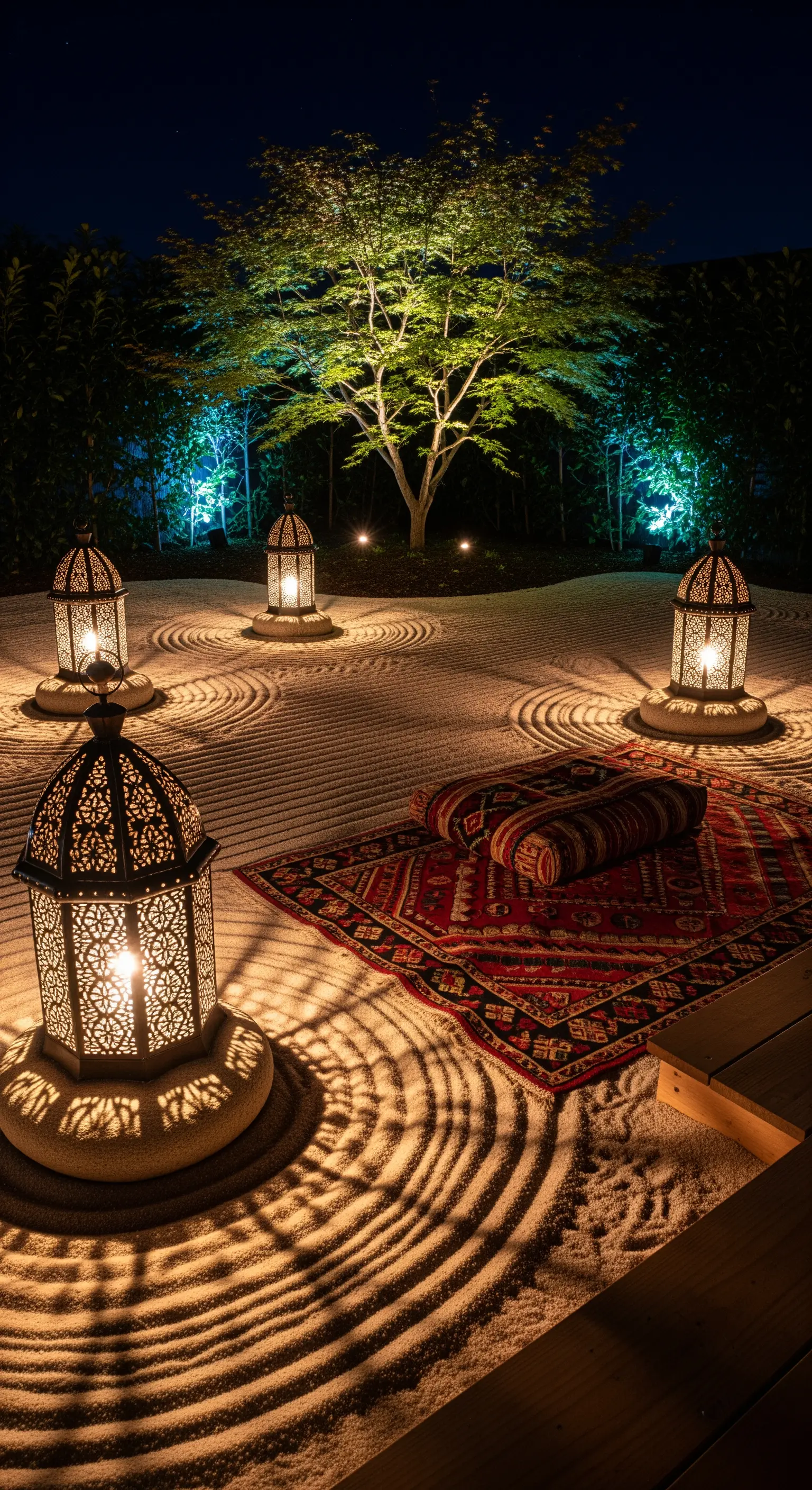 Giardino zen con sabbia rastrellata e lanterne che proiettano ombre circolari.