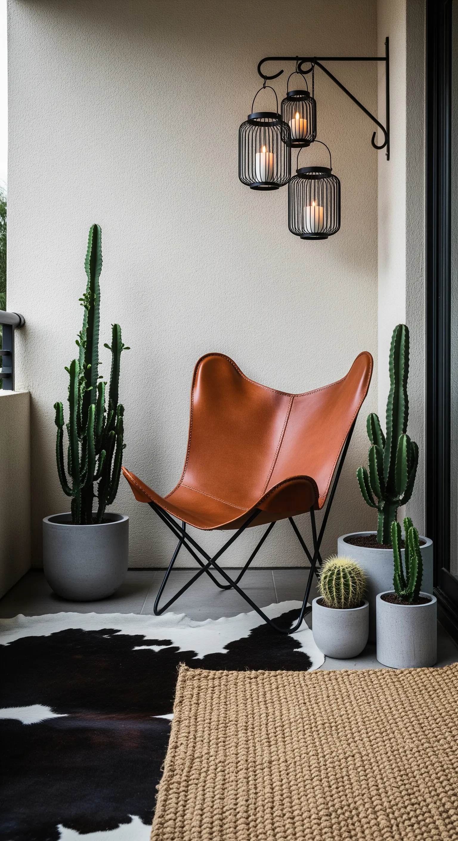 Angolo balcone con poltrona Butterfly in pelle, cactus e lanterne nere in metallo.