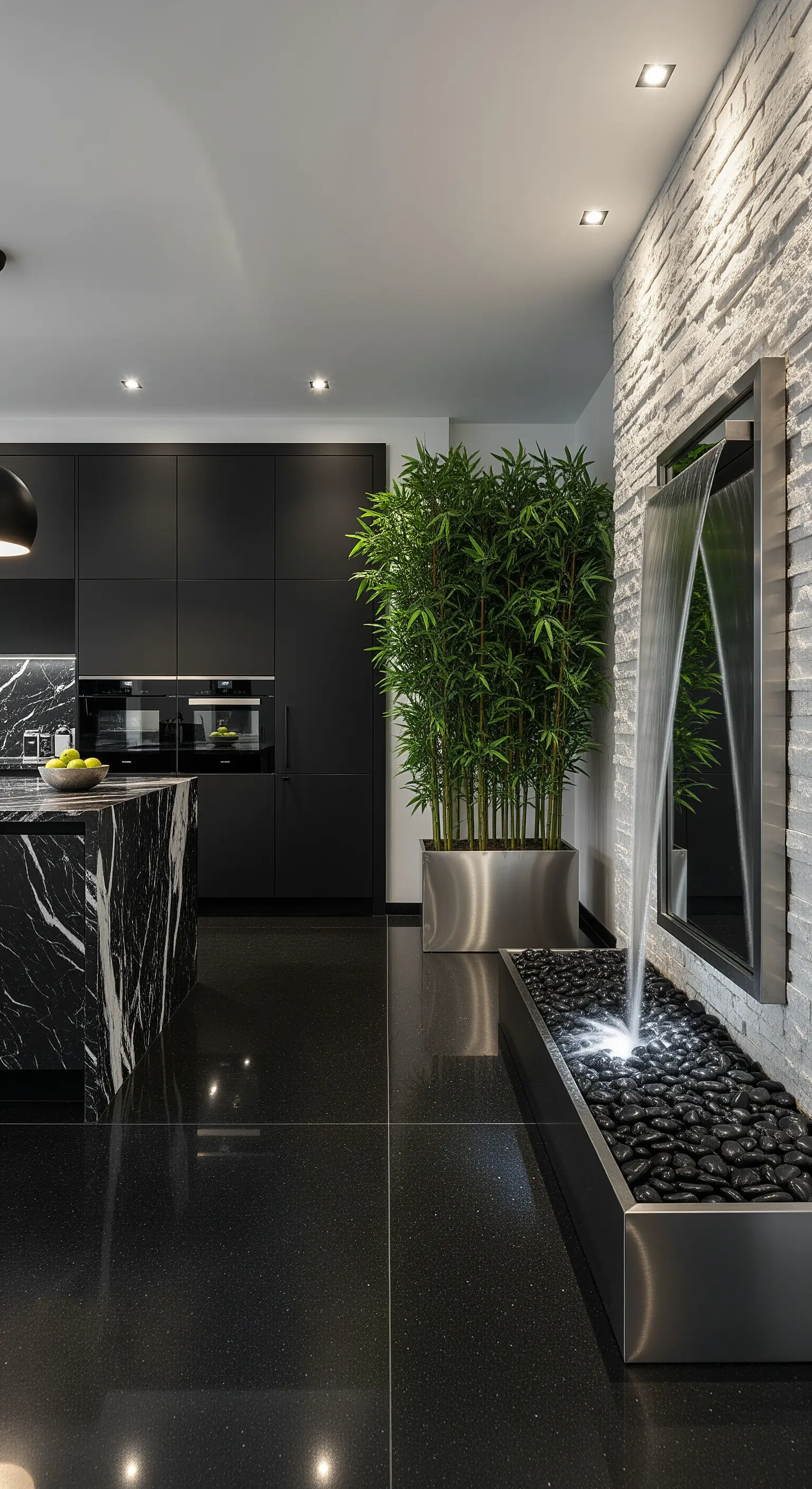 Cucina total black con isola in marmo, cascata a parete e pavimento lucido.