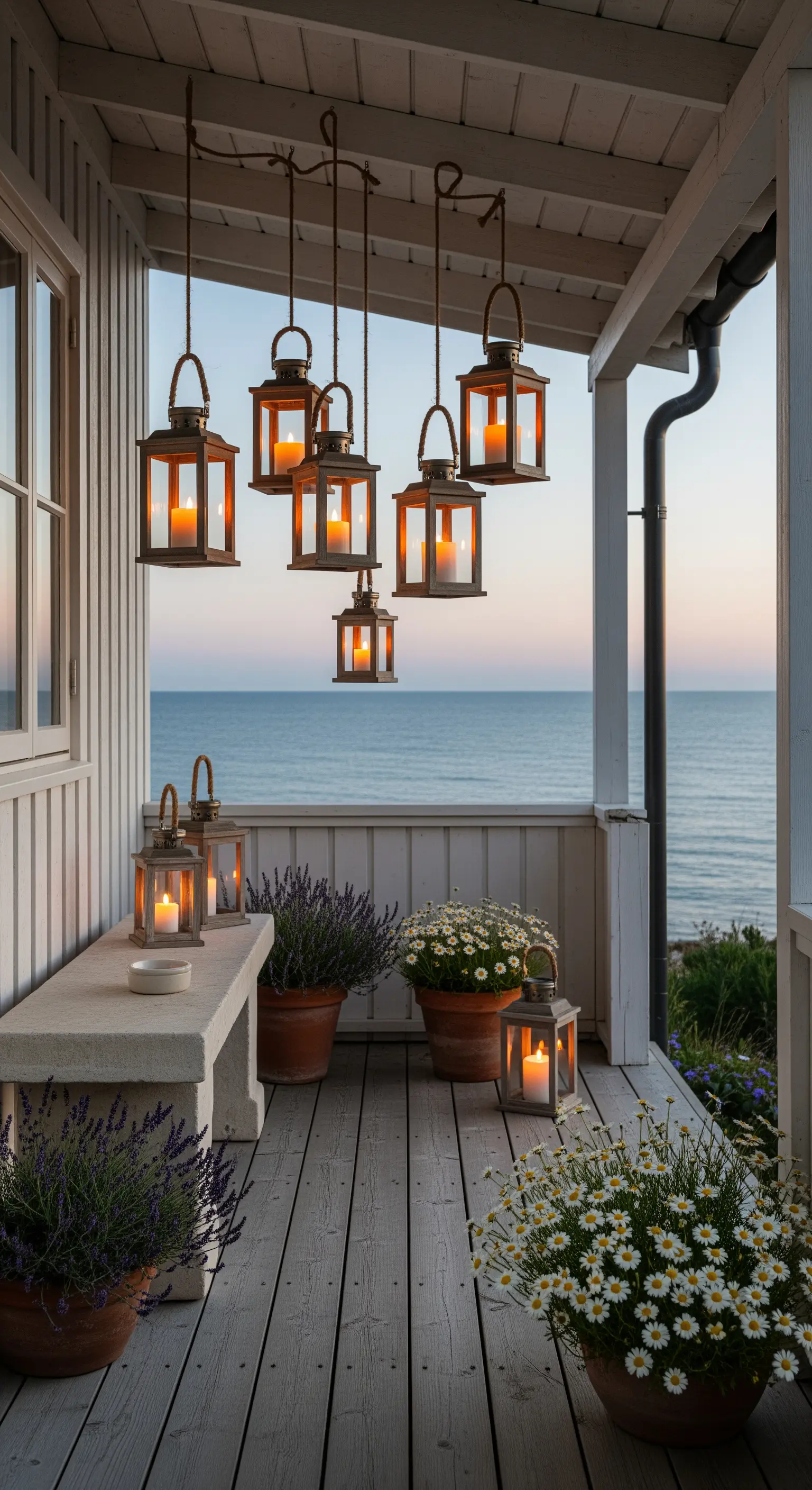 Portico con vista mare, panca in pietra e un gruppo di lanterne in legno appese al soffitto