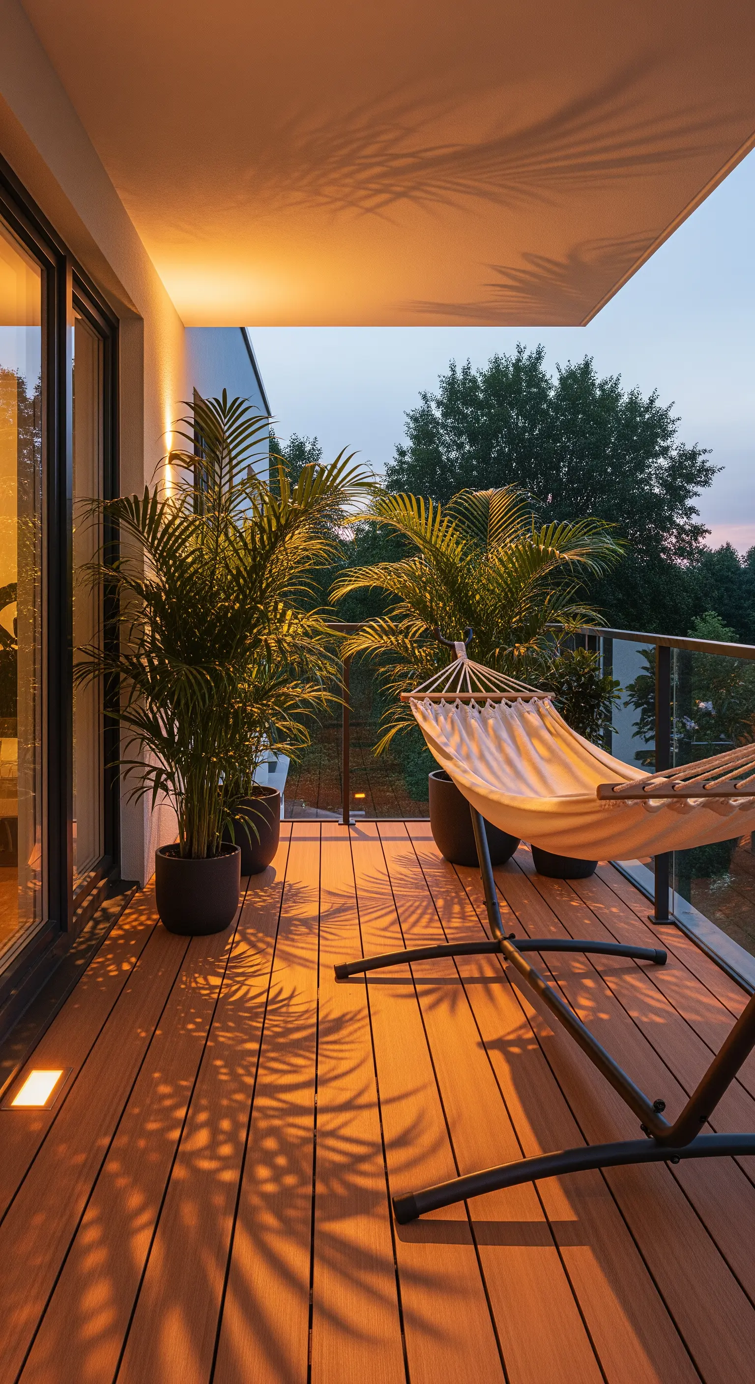 Balcone con amaca e grandi piante illuminate dal basso, che proiettano ombre sul soffitto