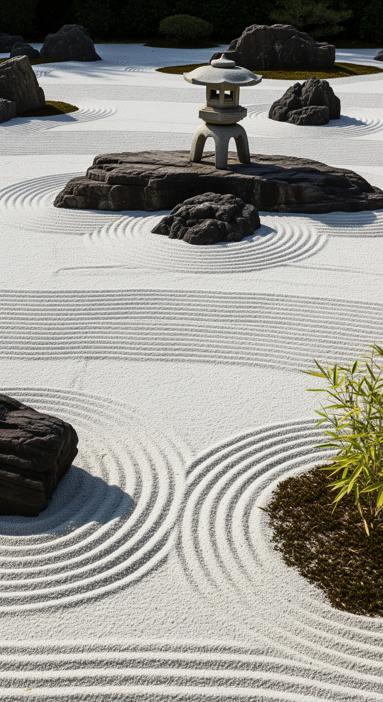 Ghiaia bianca rastrellata in un giardino zen con ombre nette proiettate da grandi rocce.