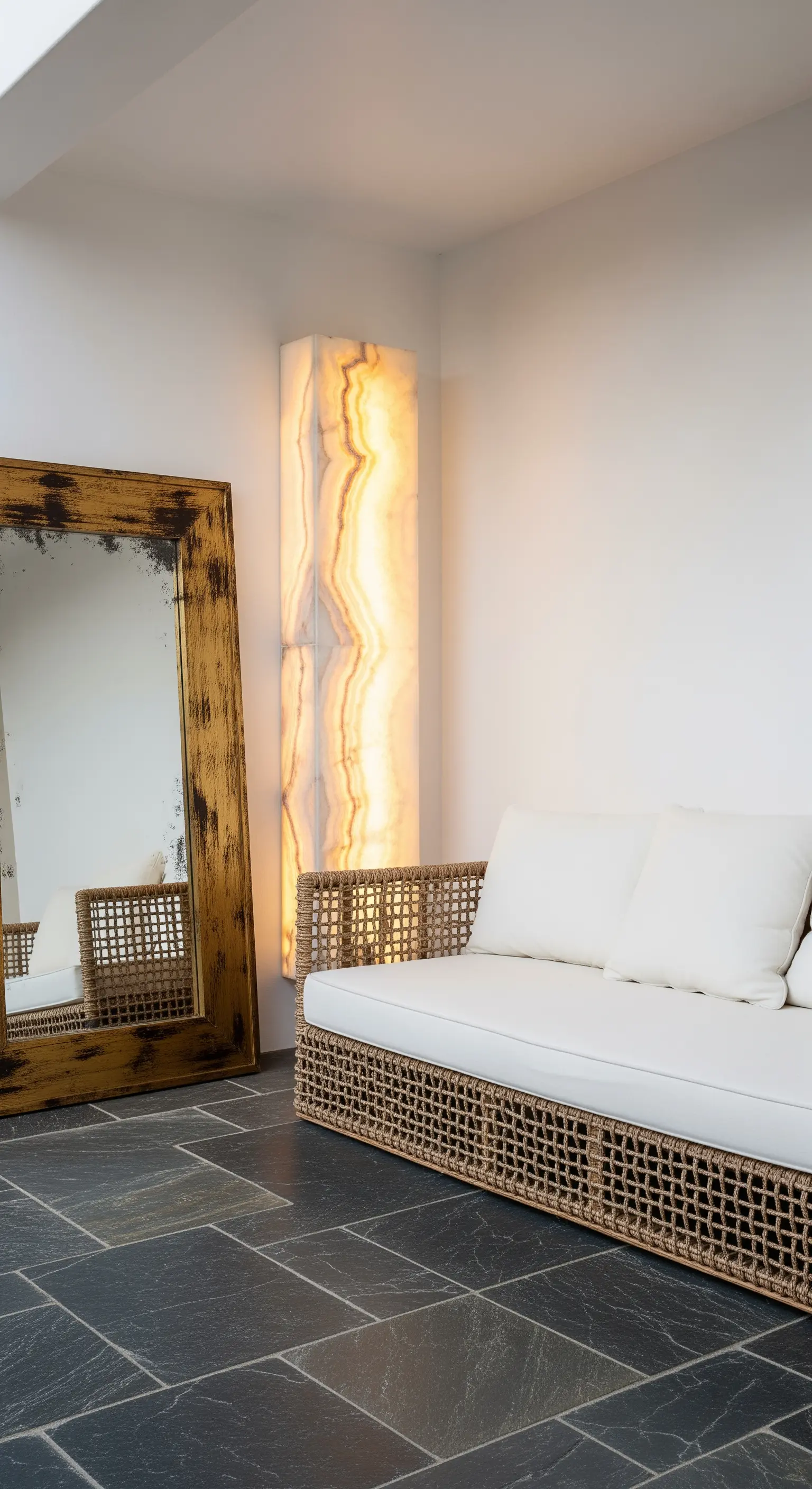 Angolo relax con divano in fibra naturale, specchio dorato anticato e lampada in onice