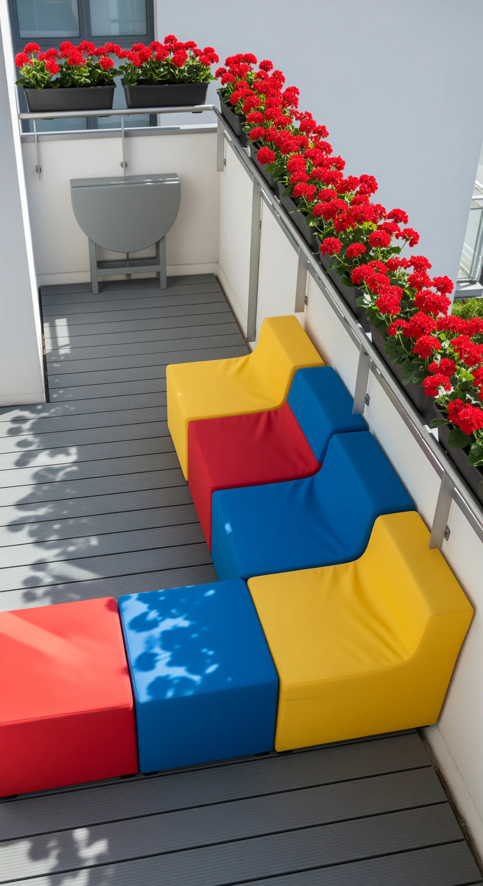 Balcone stretto con sedute modulari a cubo nei colori primari e fioriere con gerani rossi.